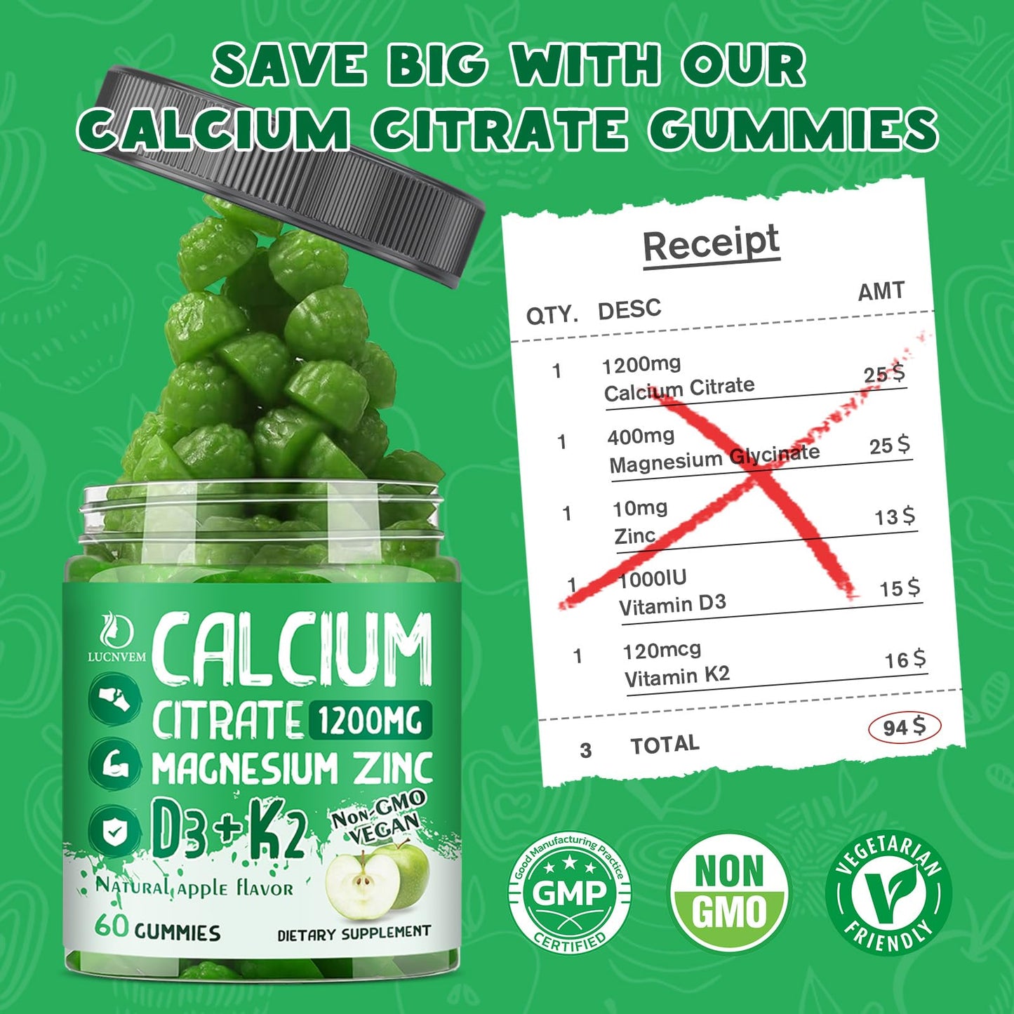 LUCNVEM Calcium Citrate 1200 mg with Vitamin D3 Gummies, 60 Count
