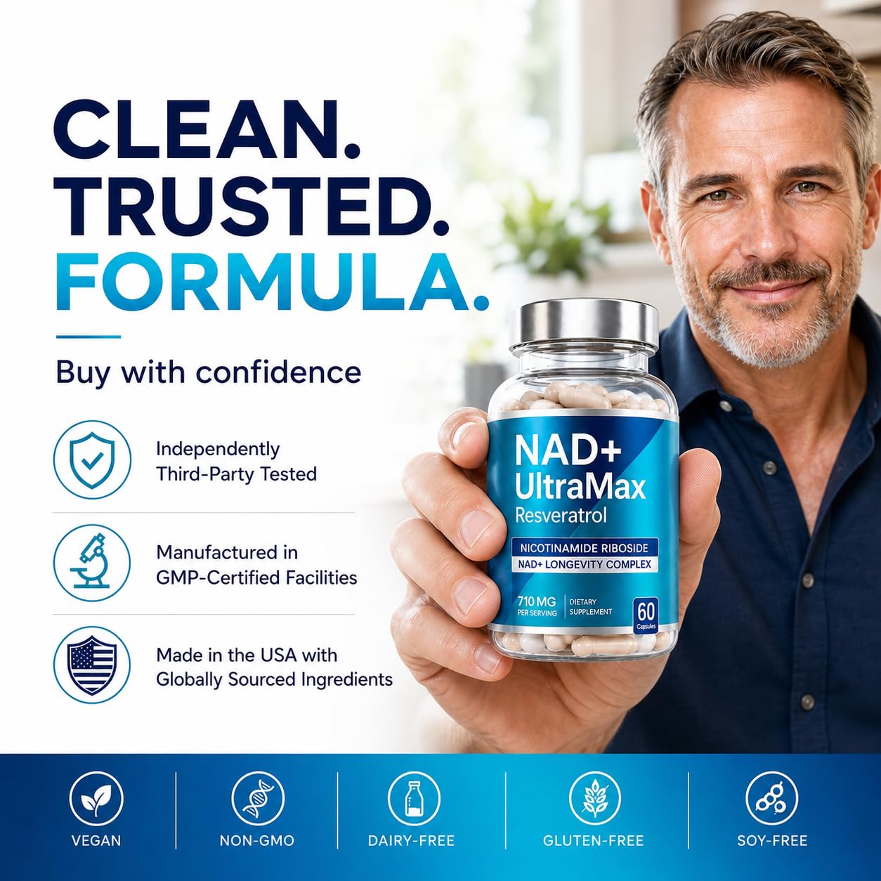 FREQNCY NAD+ NR Supplement 710mg Nicotinamide Riboside + Trans-Resveratrol, NAD+ Longevity & Mitochondrial Support, 60 Capsules