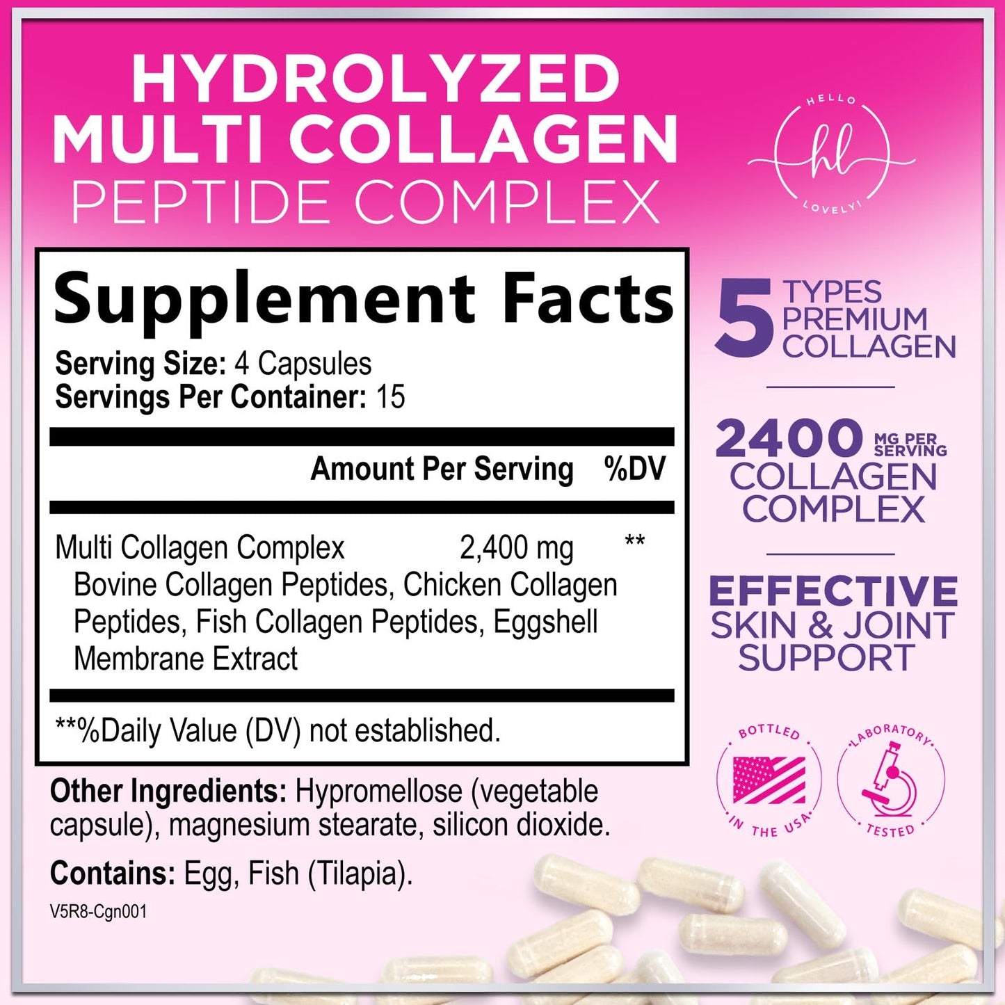 Hello Lovely! Multi Collagen Peptides Hydrolyzed Collagen Types I, II, III, V, X Capsule 60 Count