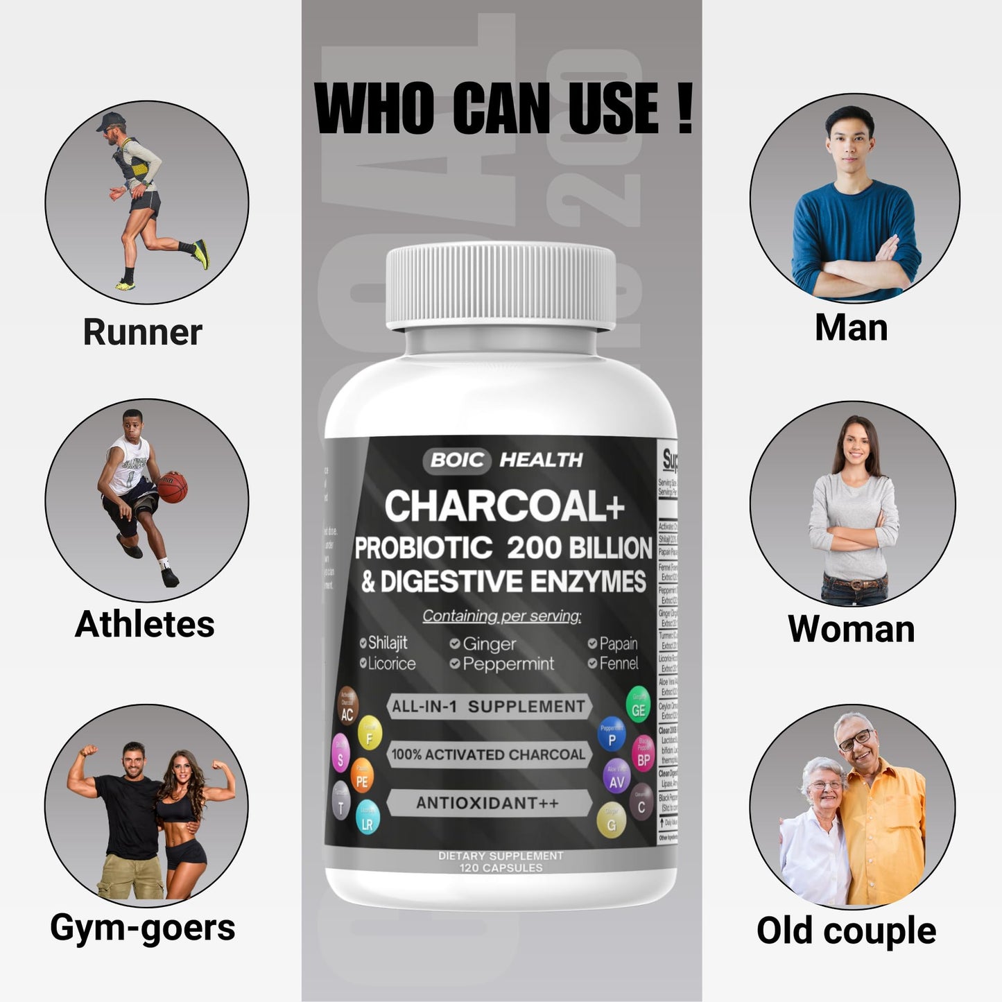 BOIC Activated Charcoal Capsules Extra Strength with Shilajit, 200 Billion CFU Probiotics, Digestive Enzymes, Peppermint, Fennel, Licorice & Ginger, 120 Capsules