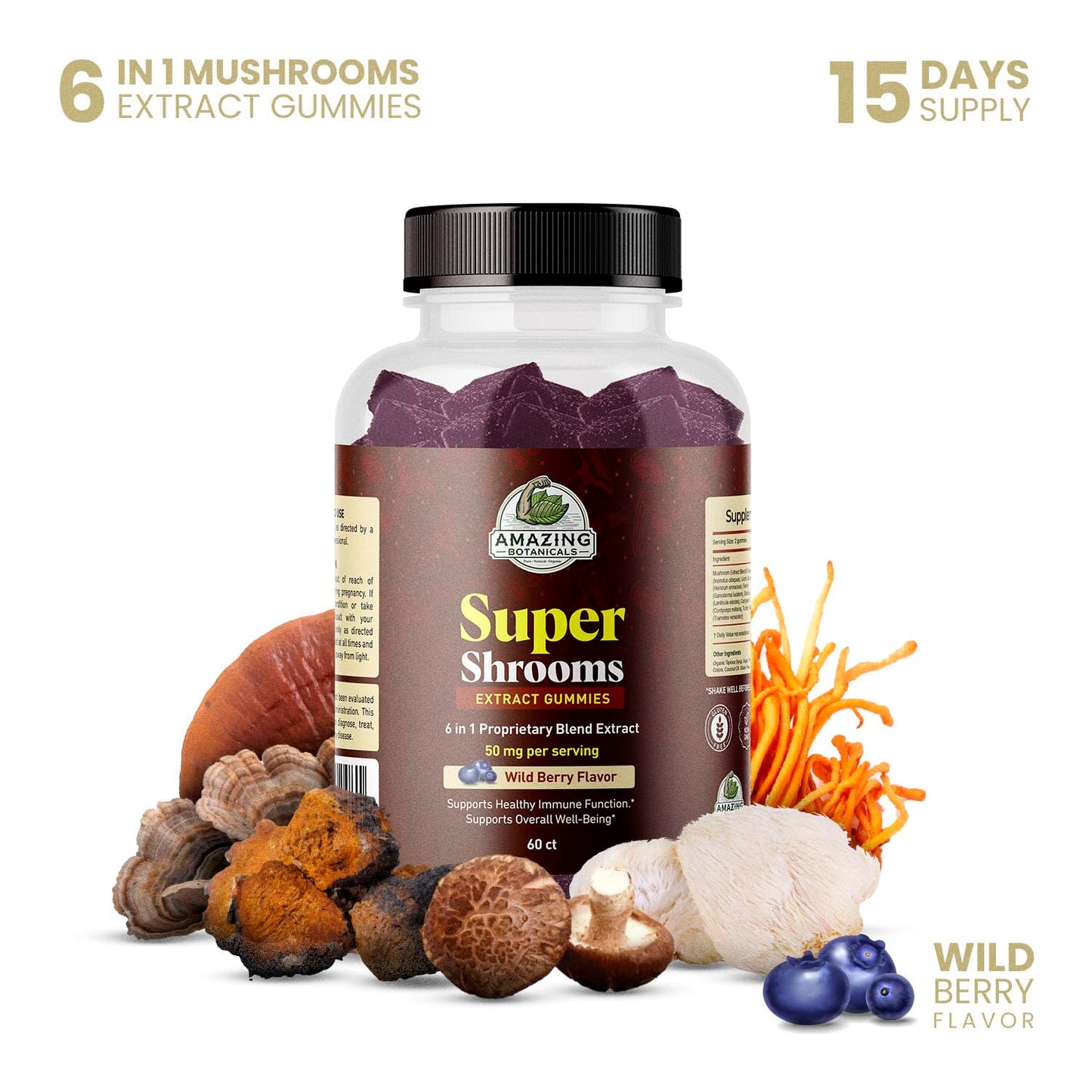 Amazing Botanicals Super Shrooms 6 in 1 Organic Mushroom Wellness Gummies, 60 Count