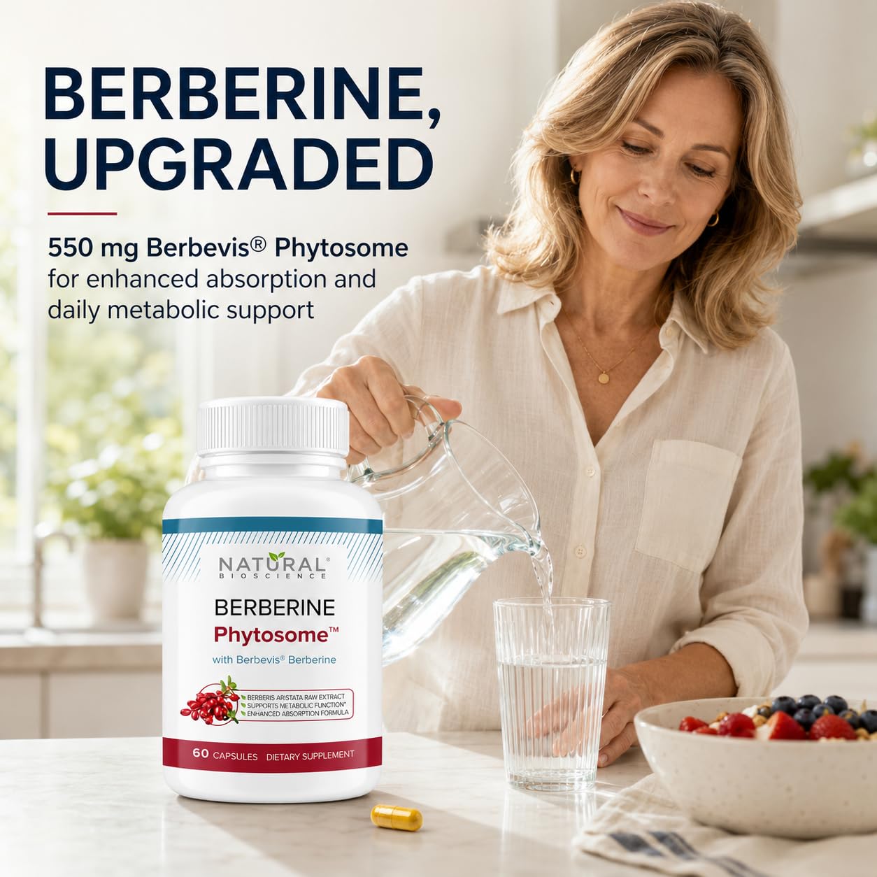 Natural BioScience Berberine Phytosome Complex with Berbevis, 550mg Enhanced Absorption Berberine Supplement for Metabolic Support & Heart Health, Highly Bioavailable, Gluten-Free, Non-GMO, 60 Capsules