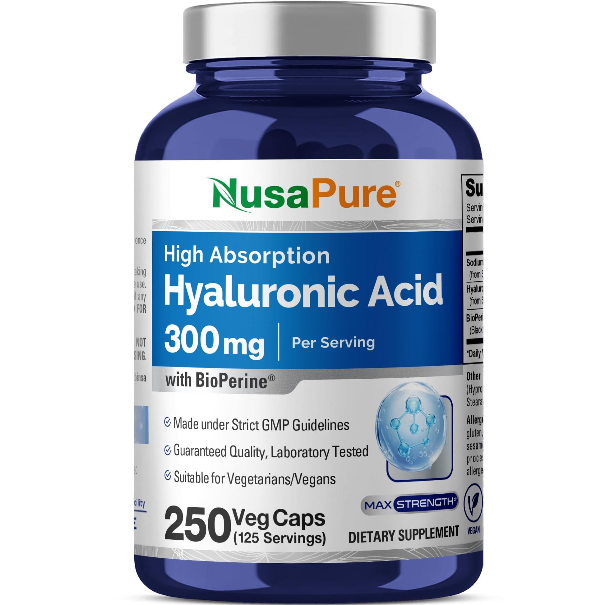NusaPure Hyaluronic Acid 300mg Veggie Capsules, 250 Count