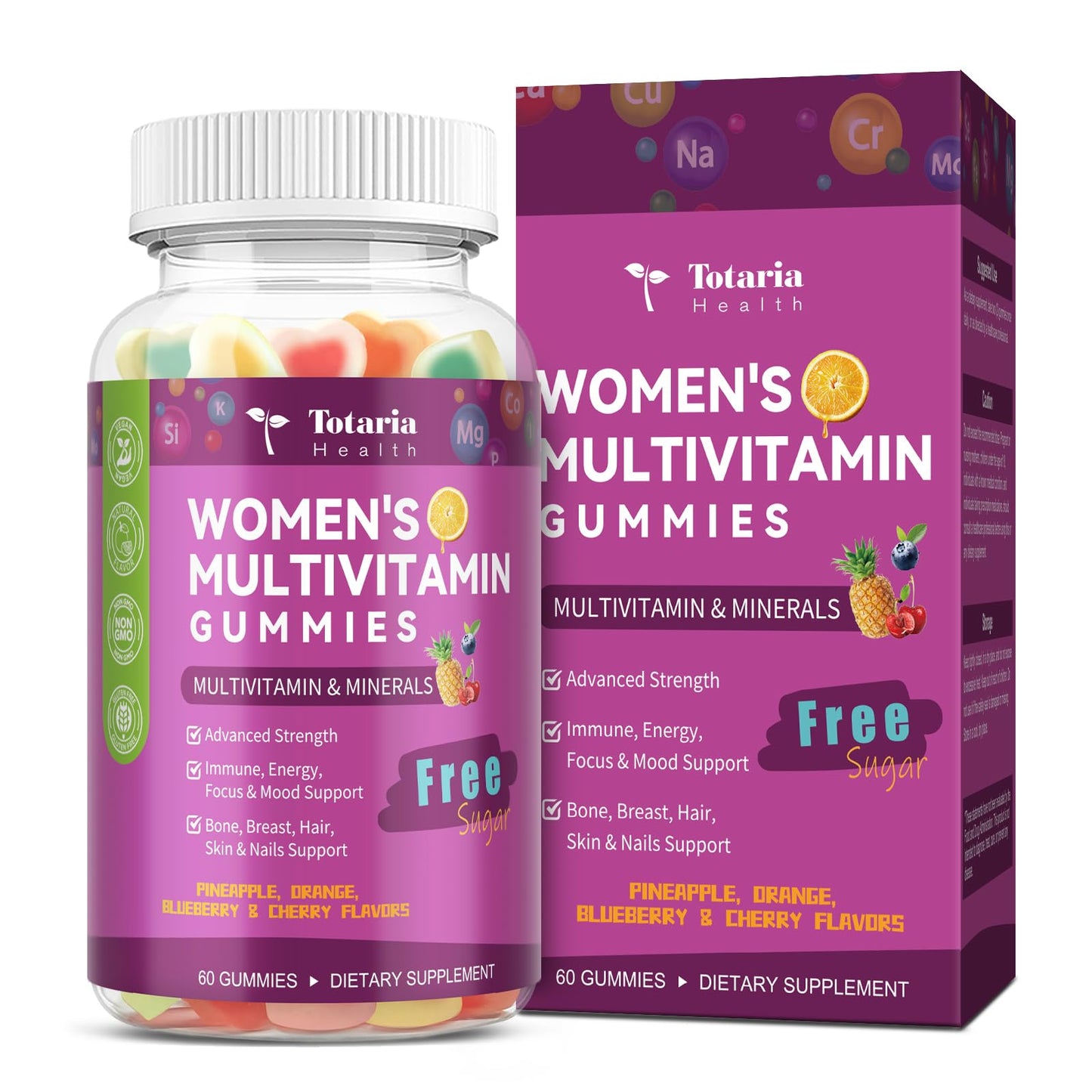 Totaria Sugar Free Multivitamin Gummies for Women 14+ with Iron, Folate, Biotin, Vitamins A, C, B, D3, K2 for Hair, Skin, Energy, Immune, Mixed Flavors, 60 Gummies