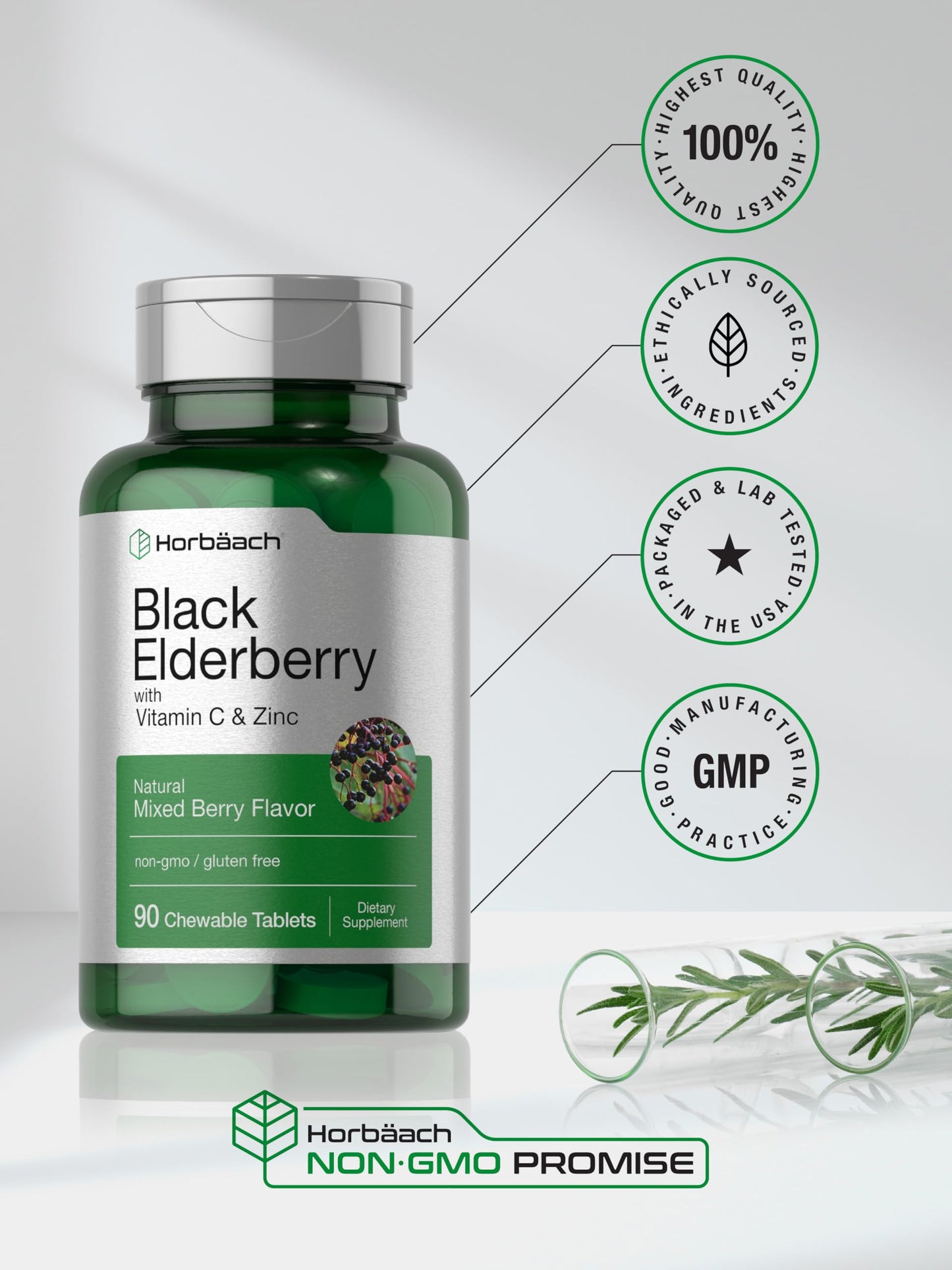 Horbäach Black Elderberry with Vitamin C and Zinc Chewable Tablets, 90 Count