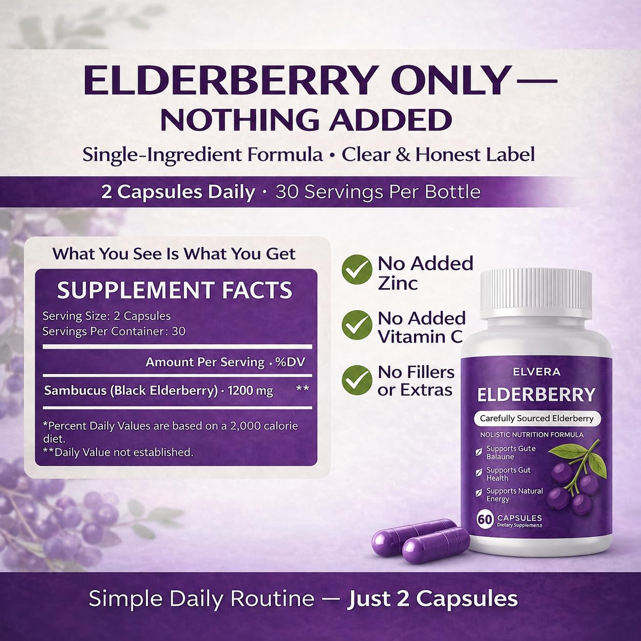 ELVERA Elderberry Gut Support Complex Capsules, 60 Count