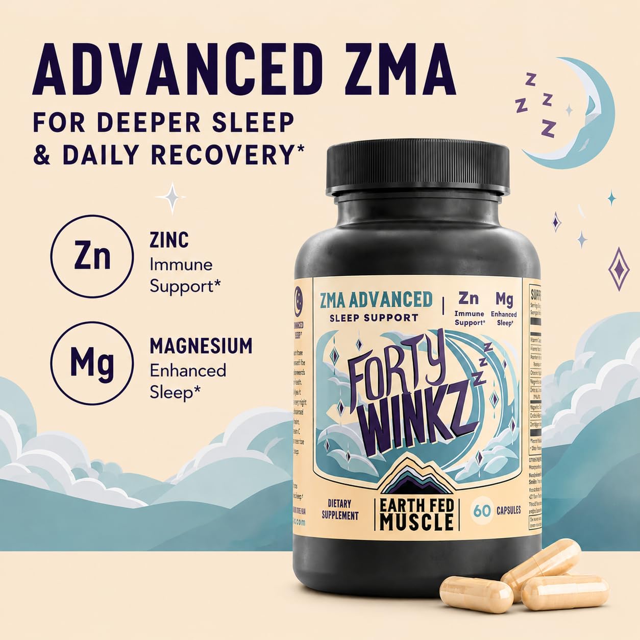 Earth Fed Muscle Forty Winkz ZMA Sleep Support for Men and Women Capsules 60 Count