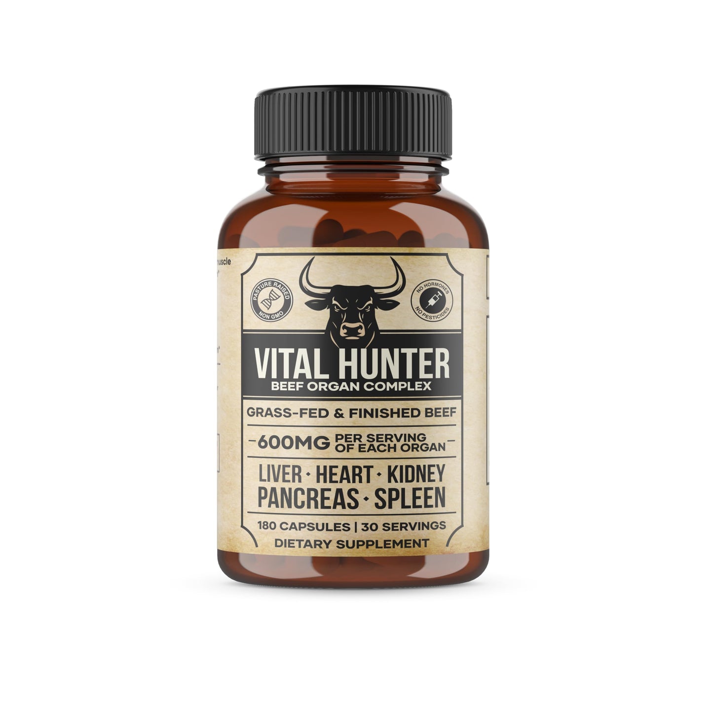 Vital Hunter Beef Organ Supplement (Liver, Heart, Kidney, Pancreas, Spleen) 100% Grass Fed & Finished, Freeze-Dried Beef, Non-GMO, 180 Capsules