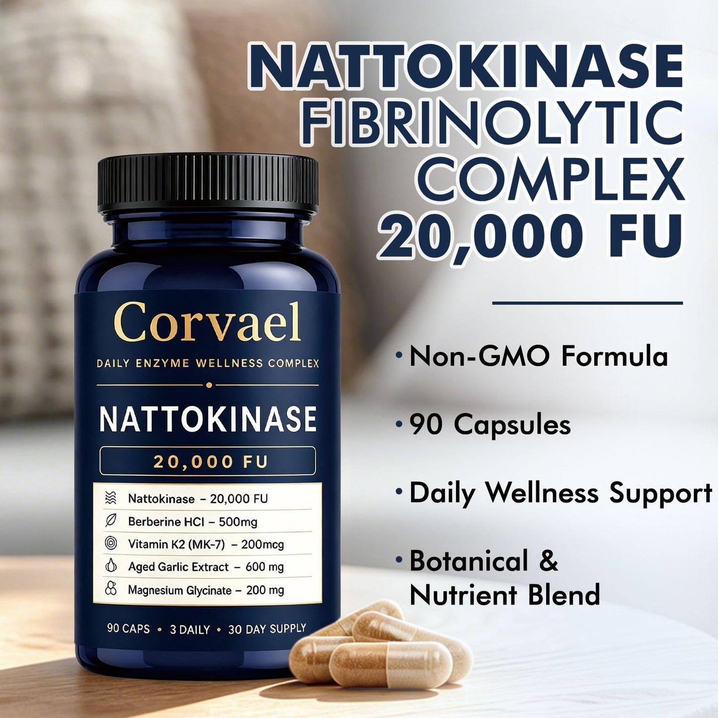 BORNIU Corvael Nattokinase 20000 fu, Nattokinase Fibrinolytic Complex, 90 Capsules