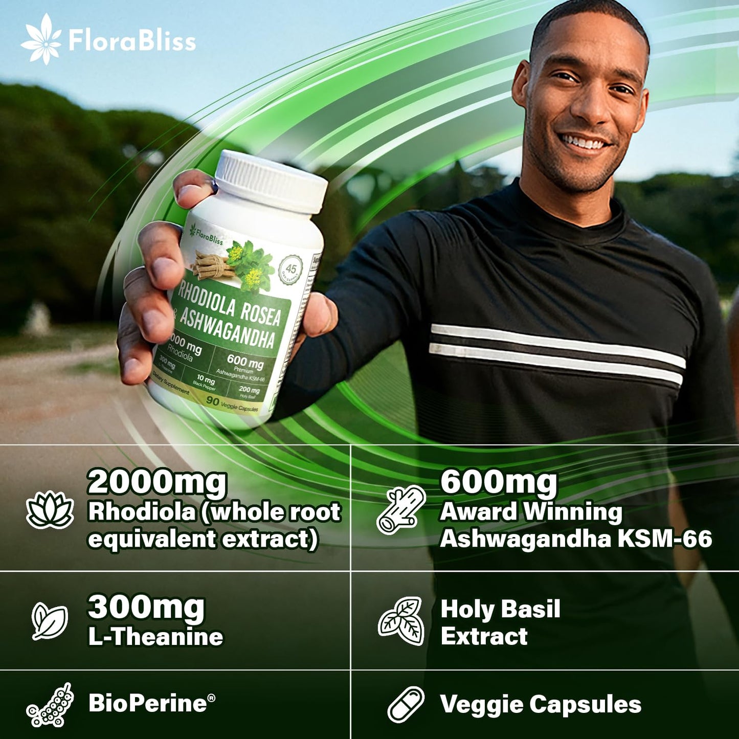 FloraBliss Rhodiola Rosea with Ashwagandha, L-Theanine, Holy Basil & Black Pepper 90 Capsules