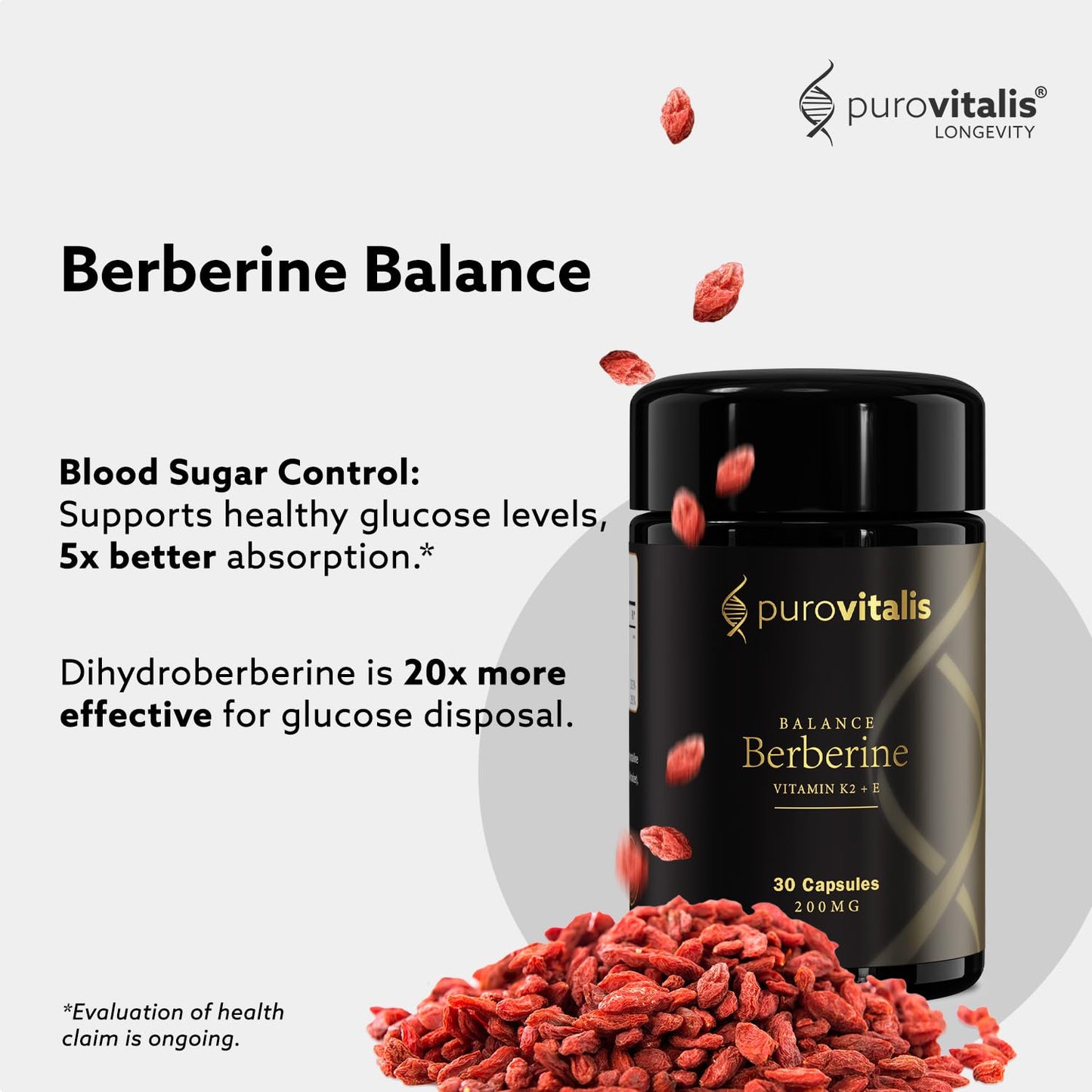 PUROVITALIS Dihydroberberine 200mg with Vitamin K2 & E High Strength Berberine Supplement Capsules 30 Count