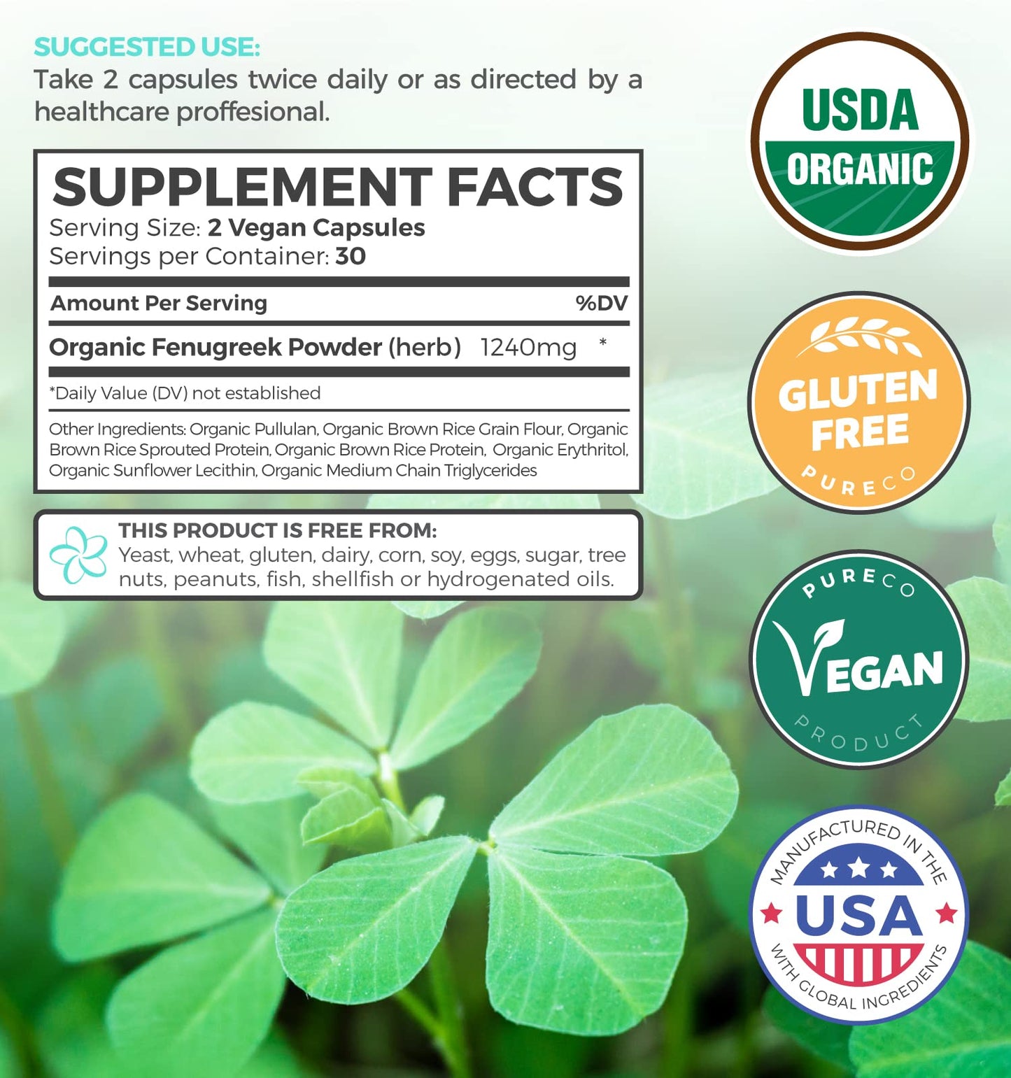 PURE CO USDA Organic Fenugreek Capsules, 60 Count