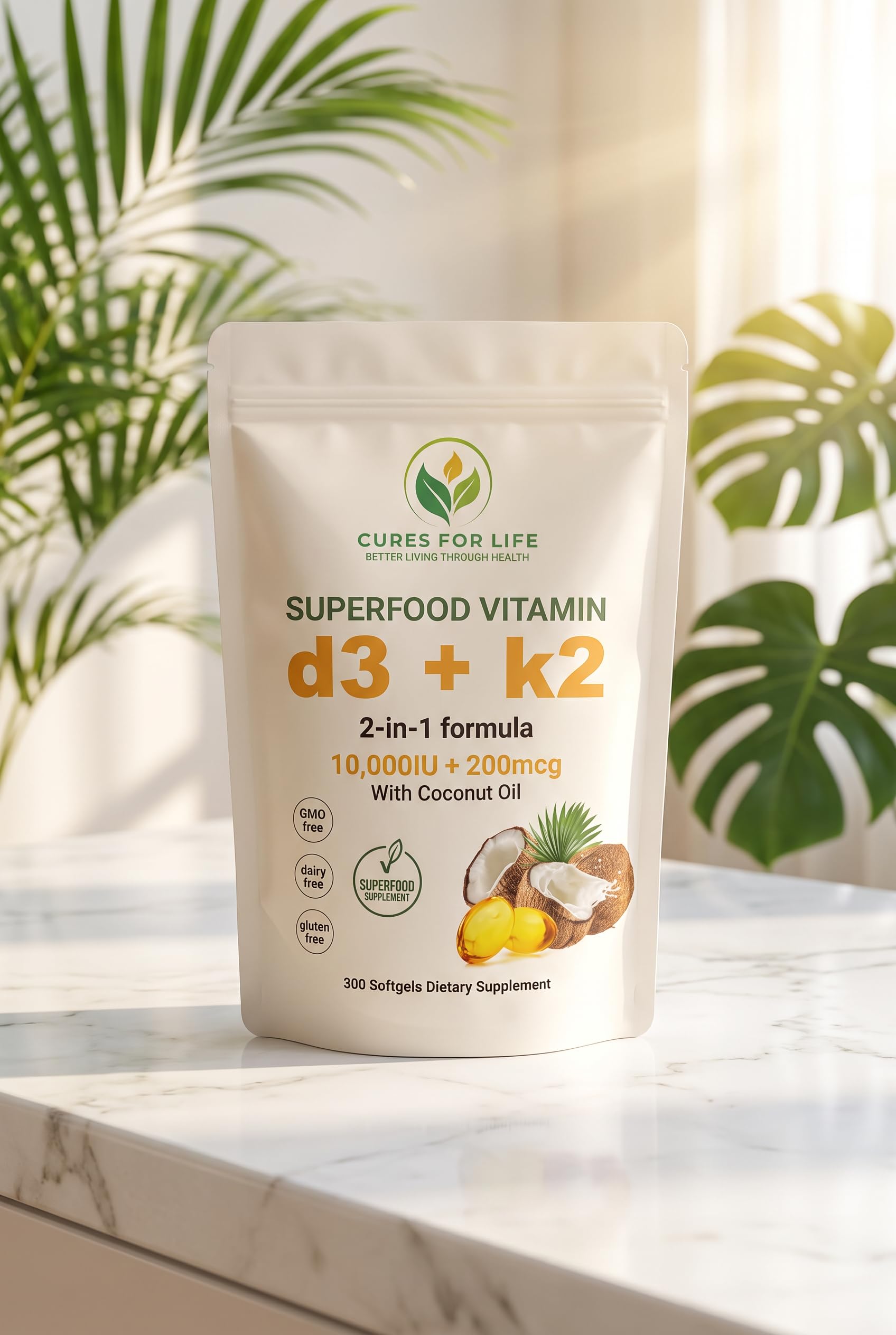 Cures For Life Vitamin D3 5000 IU with K2 MK-7 100 mcg Softgels, 300 Softgels