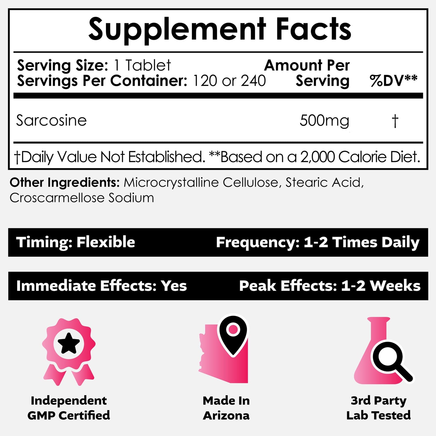 Nootropics Depot Sarcosine Tablets 500mg, 120 Count