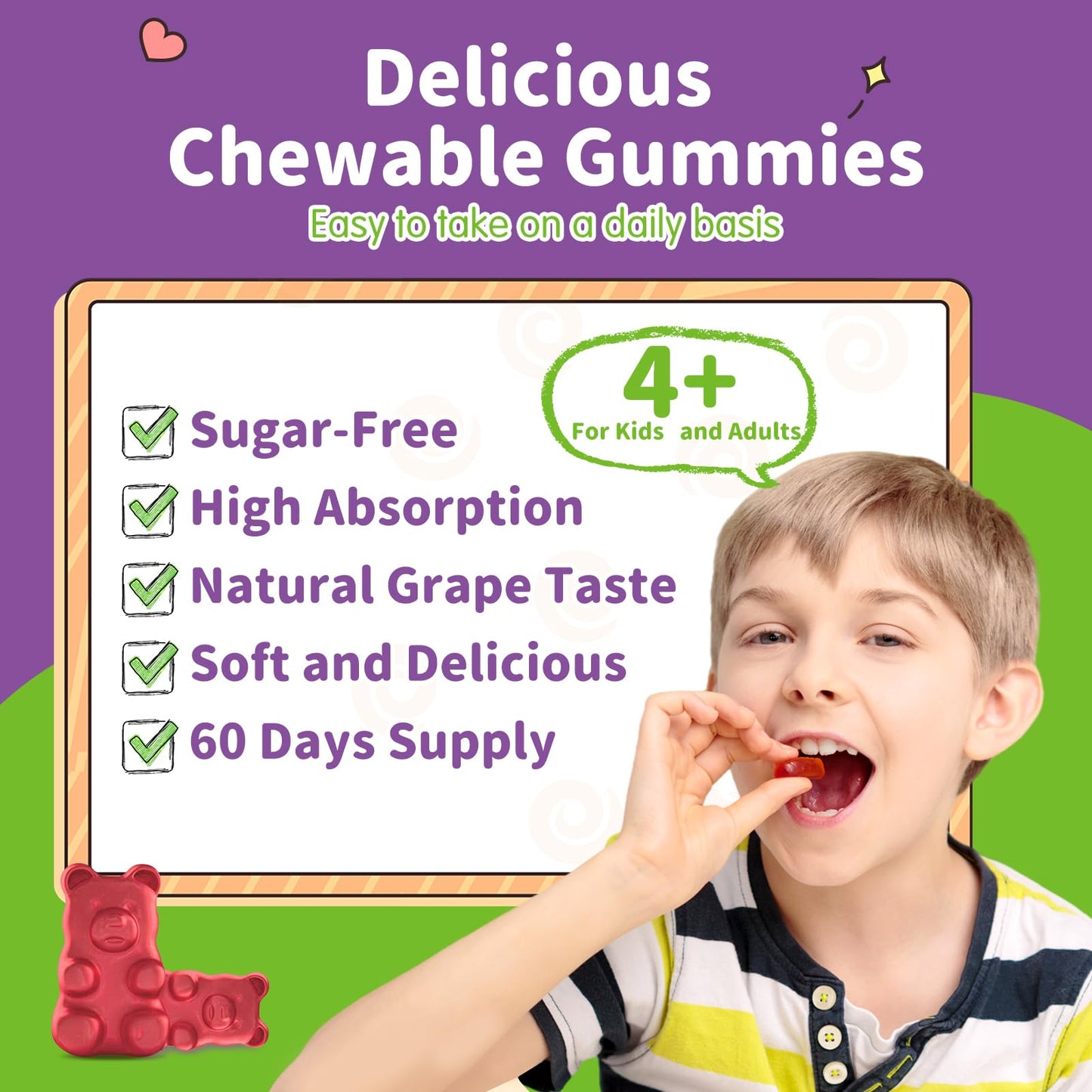 ReviNutra Magnesium Glycinate Gummies with L-Theanine, Vitamin B6 & D3 for Kids & Adults, Sugar Free, 60 Gummies