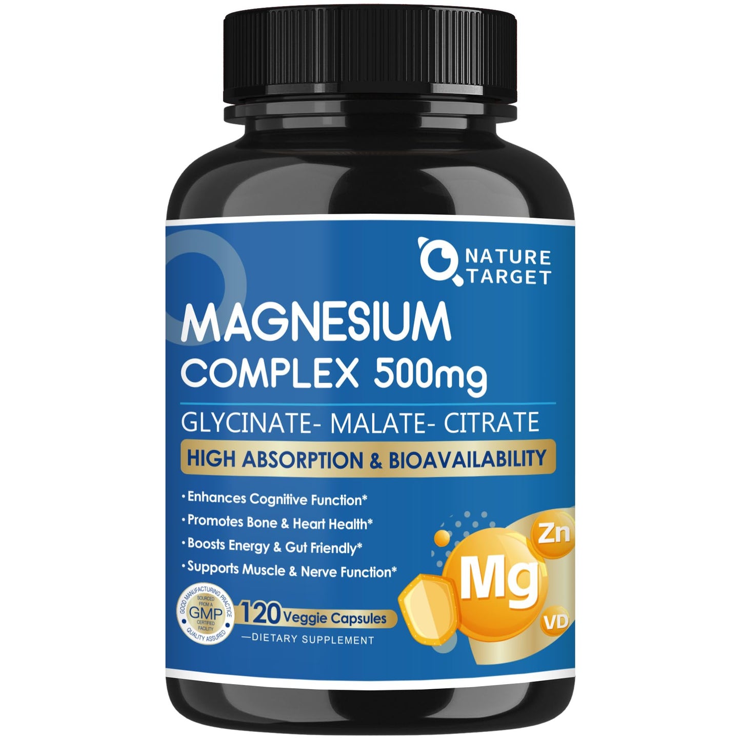 NATURE TARGET Magnesium Complex 500mg, Magnesium Glycinate, Malate & Citrate - Chelated Triple Magnesium with Zinc & Vitamin D3 for Muscle, Nerve, Bone & Immune Support, Vegan, 120 Capsules