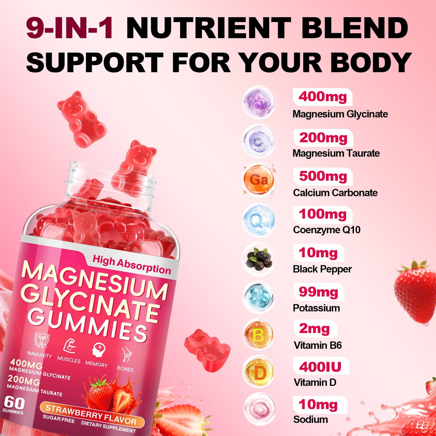 Biokynt Magnesium Glycinate Gummies 600mg, High Absorption Magnesium Complex, 60 Count