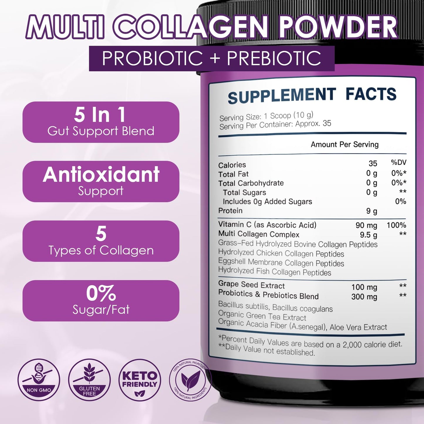 DRFOSTER Collagen Peptides Powder with Probiotics - Hydrolyzed Collagen Type I II III V X with Antioxidant Blend - Multi Collagen for Women Support Skin Hair Nail Joints & Gut, 12.35 oz