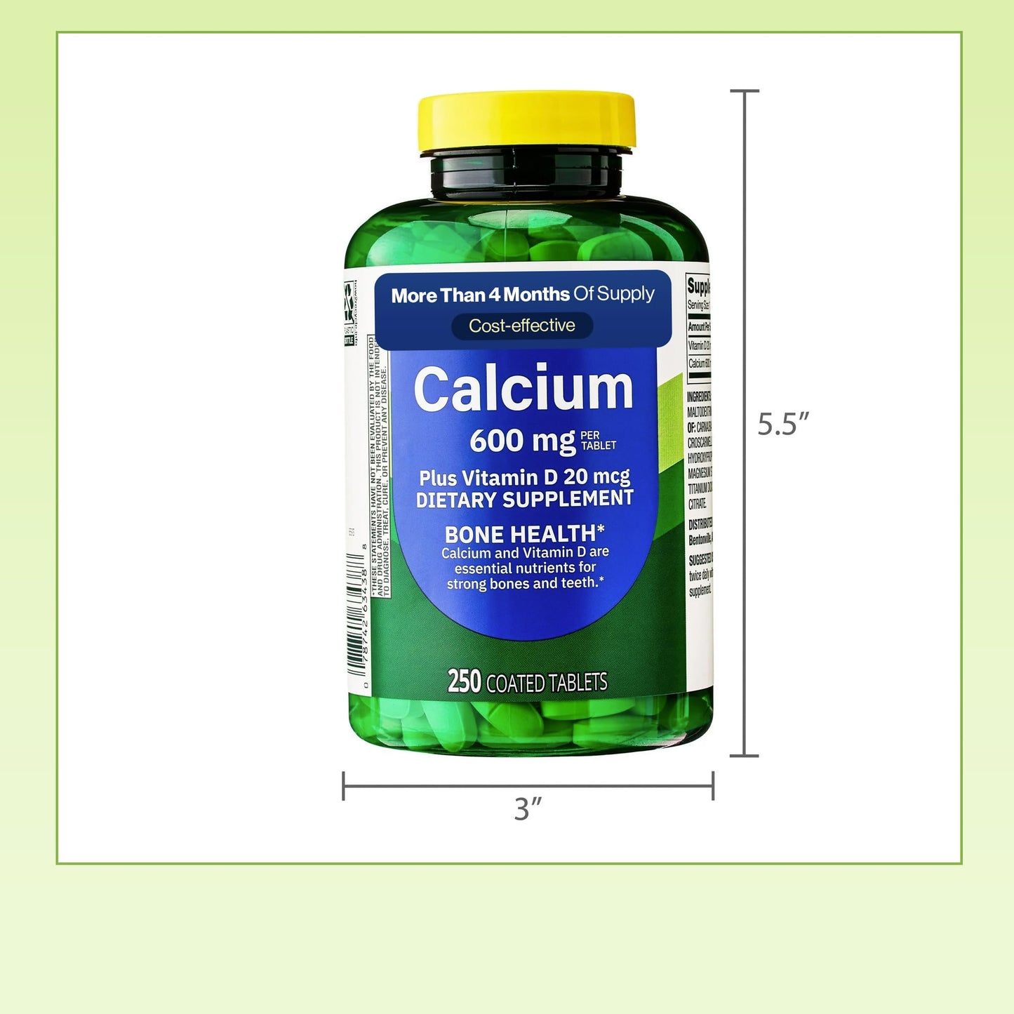 Generic Spring Valley Calcium Plus Vitamin D Tablets Dietary Supplement, Calcium 600 mg, Vitamin D 20 mcg, 250 Count
