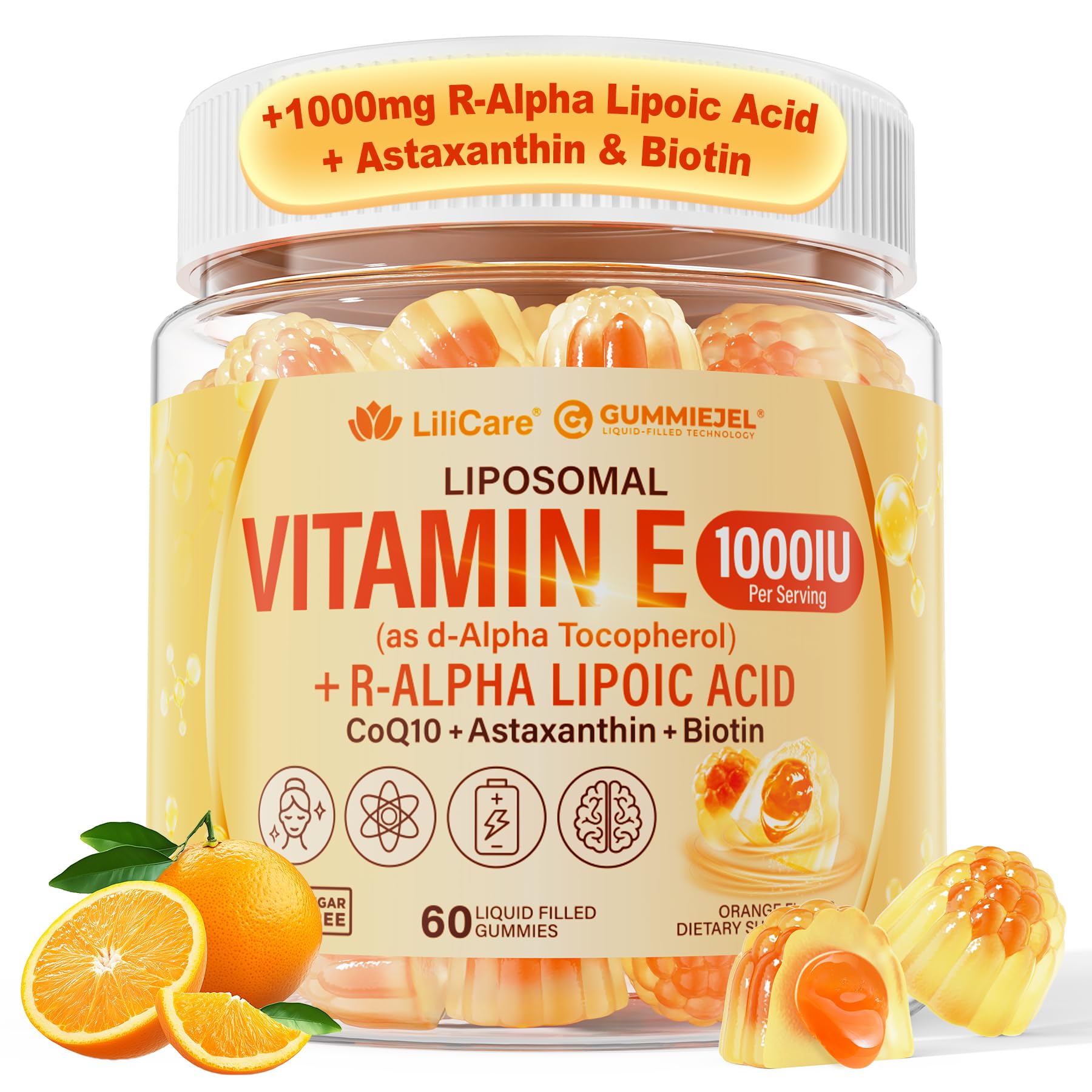 LILICARE Natural Liposomal Vitamin E 1000 IU Gummy, 60 Count