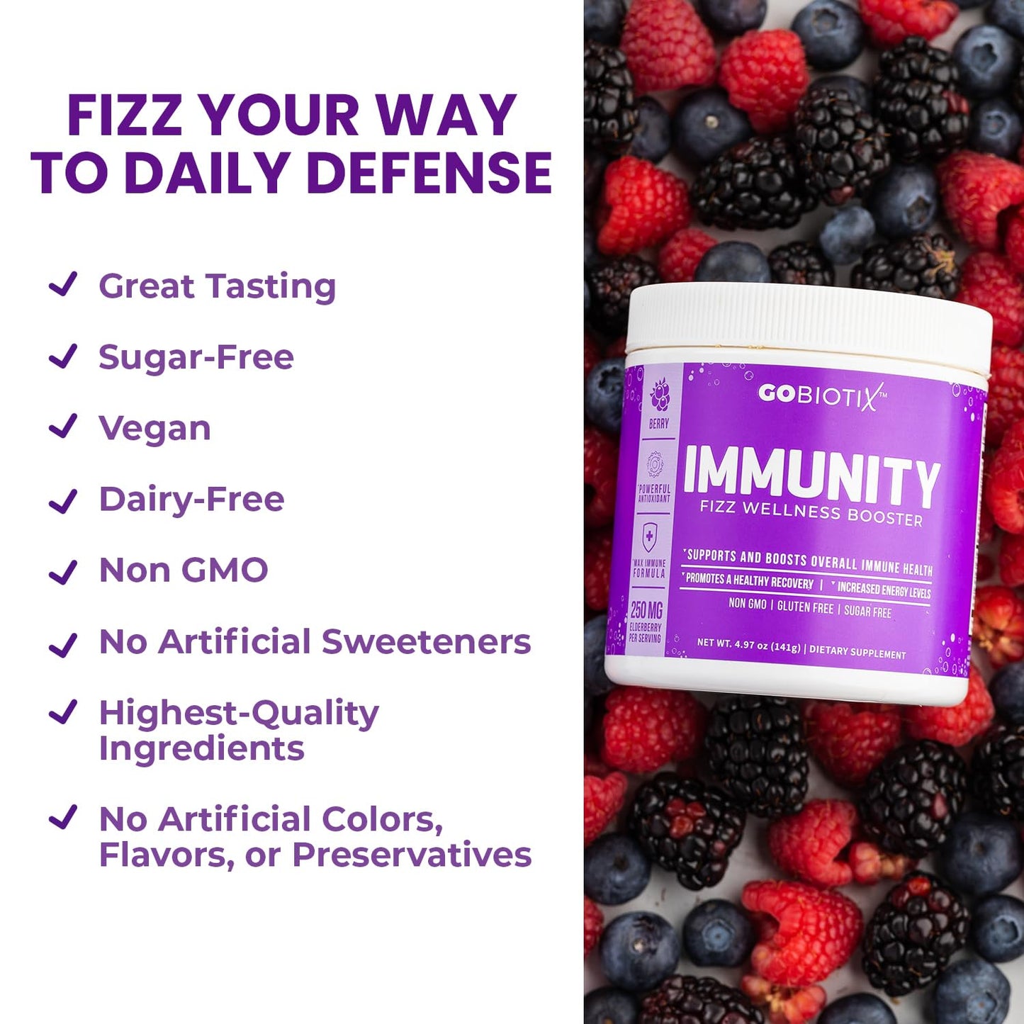 GOBIOTIX Vitamin C Immune Defense Support Powder Wellness Booster with Elderberry, Turmeric & B12 - Vegan, Non-GMO, Sugar Free, Berry Flavor, 4.97 Ounce