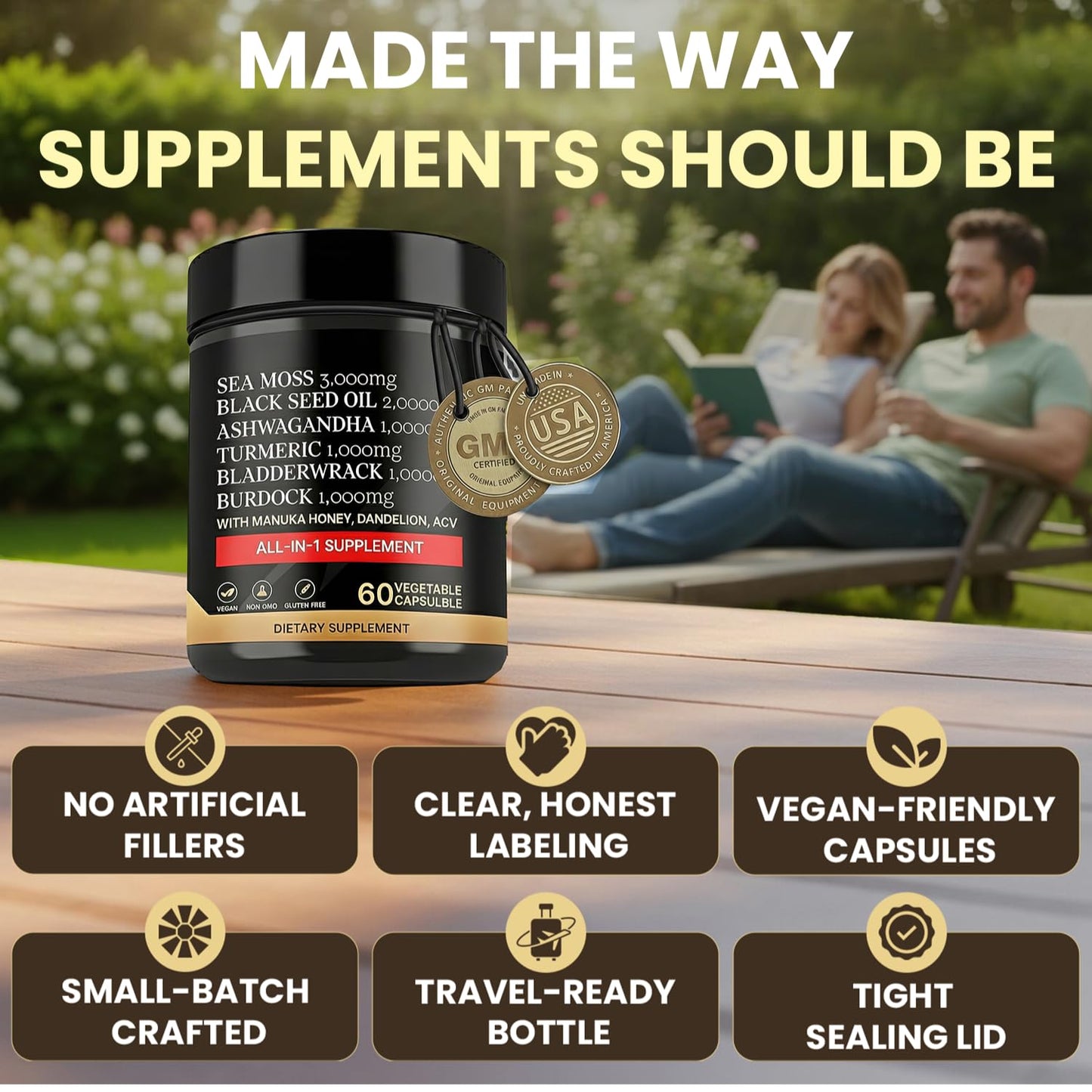 AZ ApexZone True Sea Moss Capsules Black Seed Oil Ashwagandha Burdock Root Tumeric Supplement with Manuka Honey Dandelion Root ACV - 60 Capsules