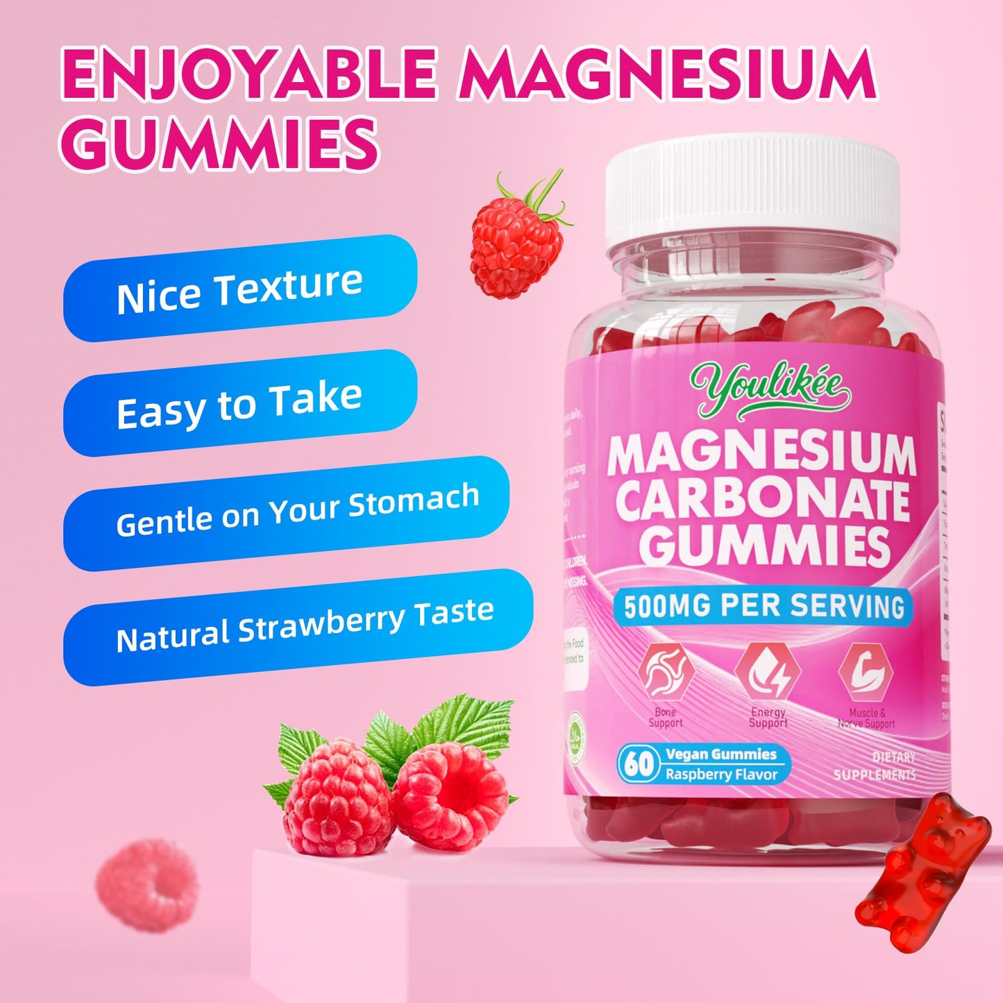 Youlikee Magnesium Carbonate 500mg Gummies, 120 Count
