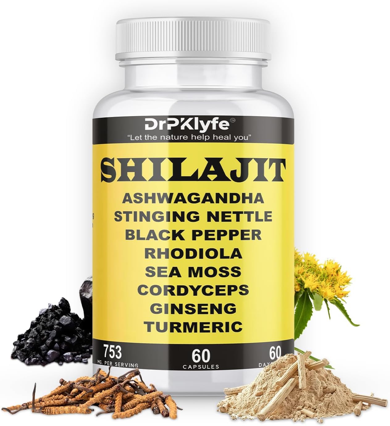 DrPKLyfe Shilajit Capsules with Ashwagandha, Rhodiola, Sea Moss, and Turmeric - 753mg, 60 Capsules
