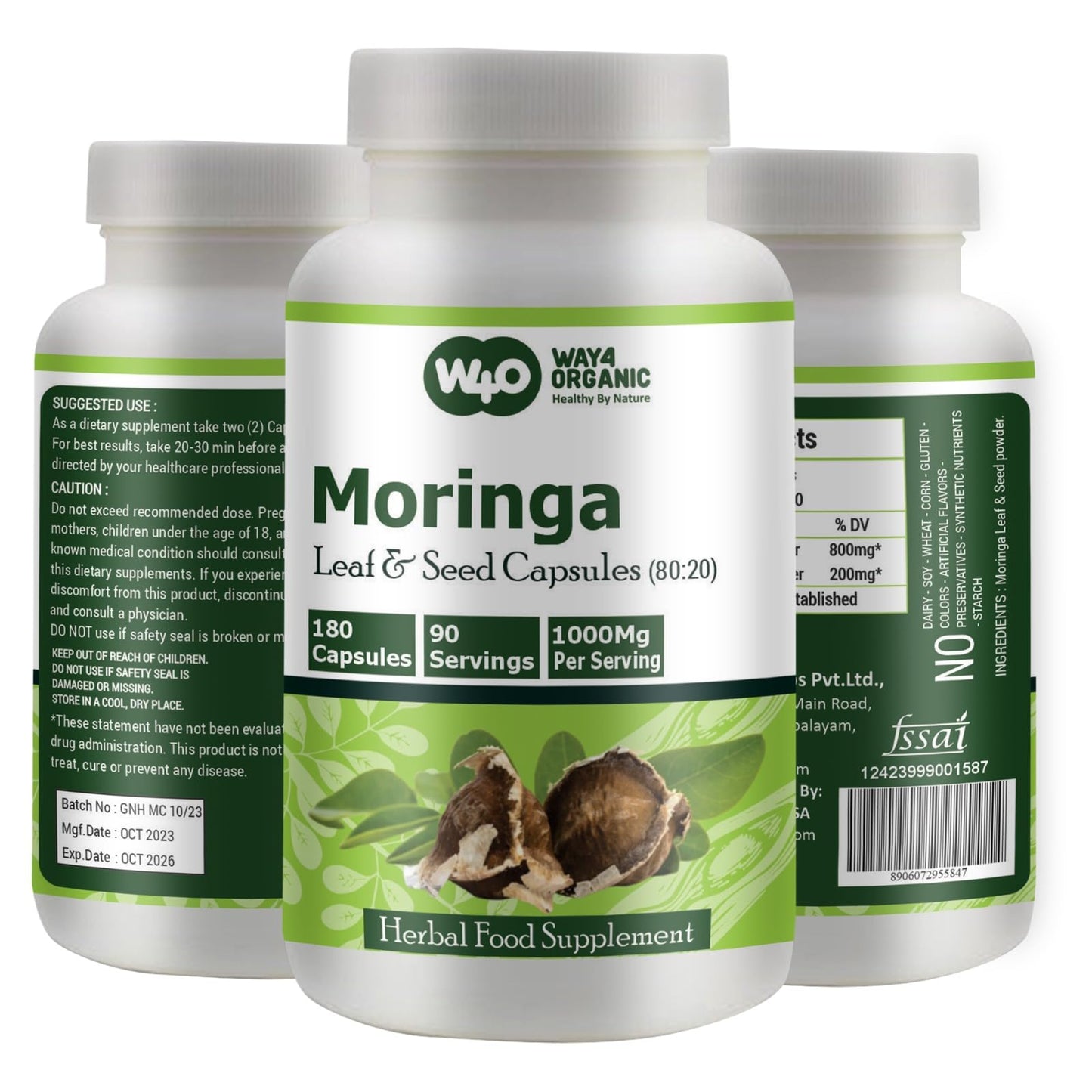WAY 4 ORGANIC W4O Moringa Oleifera Leaf and Seed Powder (80:20) Ratio Capsule 1 Count