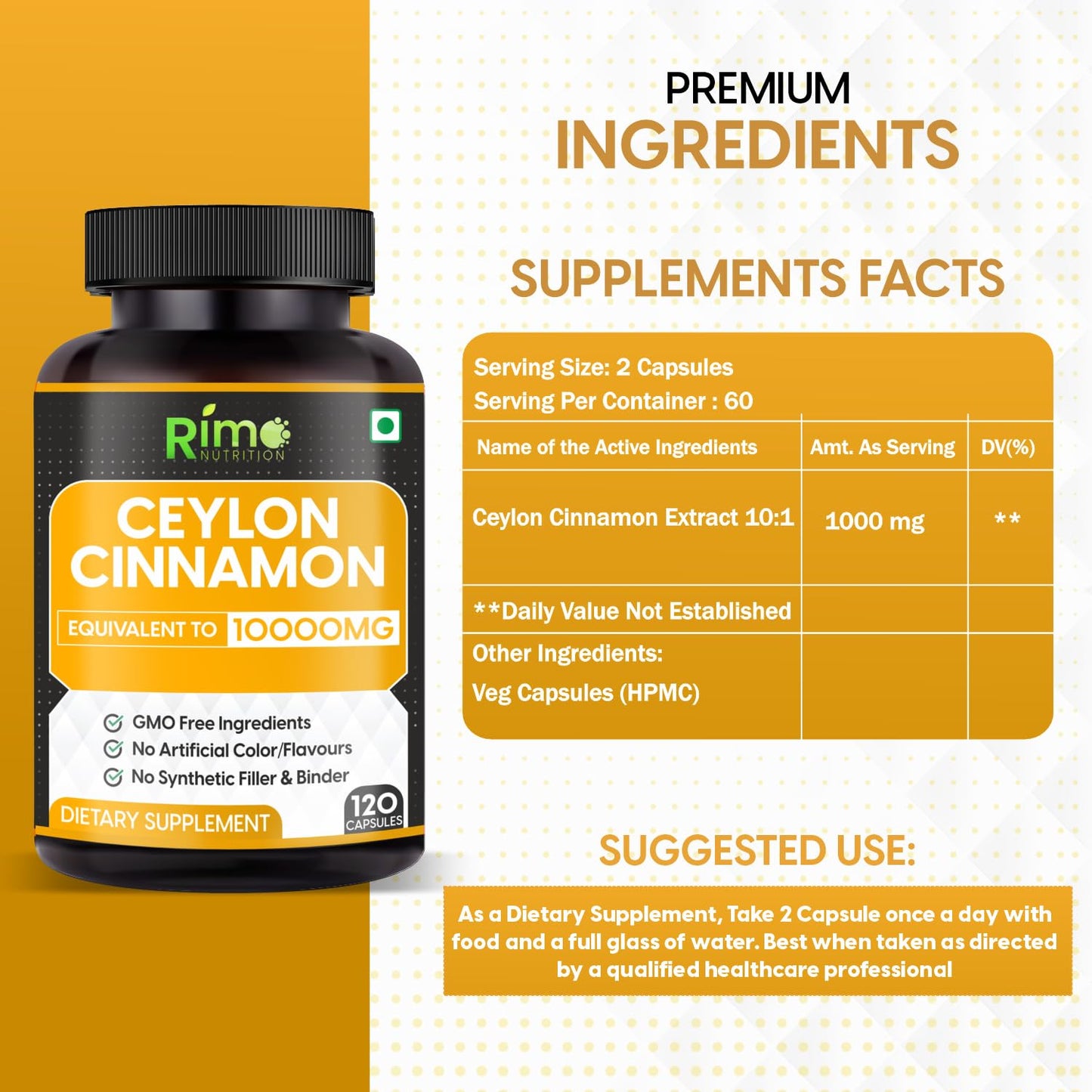 Rimo Nutrition Ceylon Cinnamon Capsules 1000mg Per Serving, 120 Count