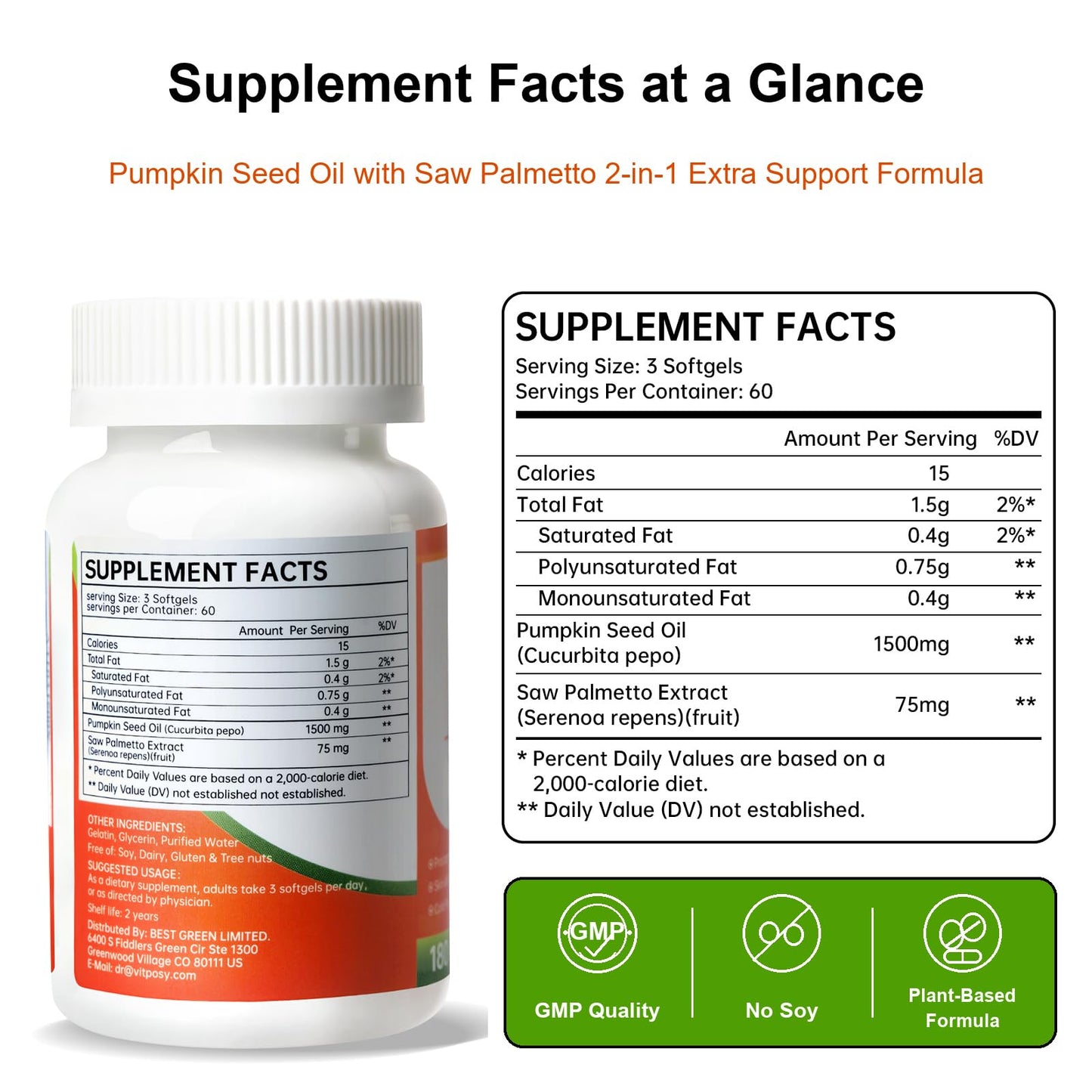DR.VITPOSY Pumpkin Seed Oil with Saw Palmetto Softgels, 180 Count