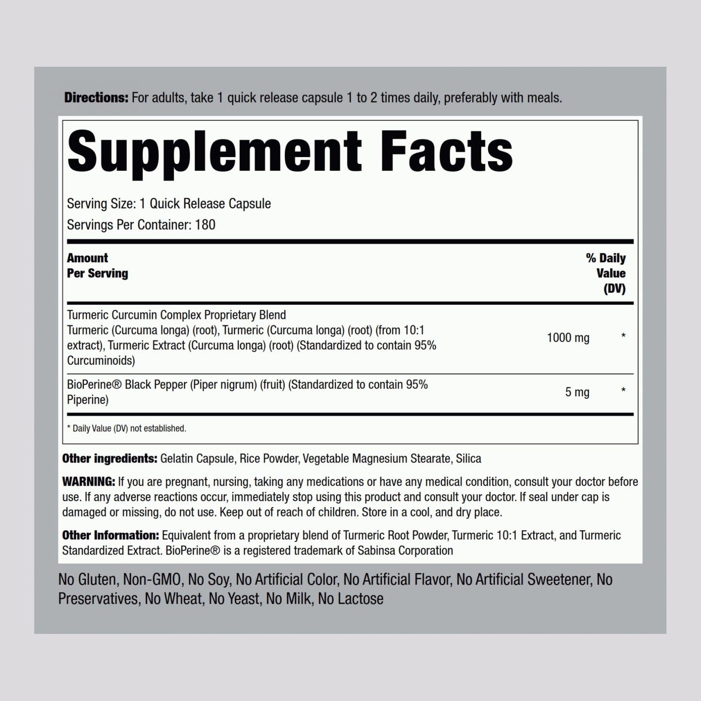 Piping Rock Turmeric Curcumin with Black Pepper Extract Capsules, 180 Count