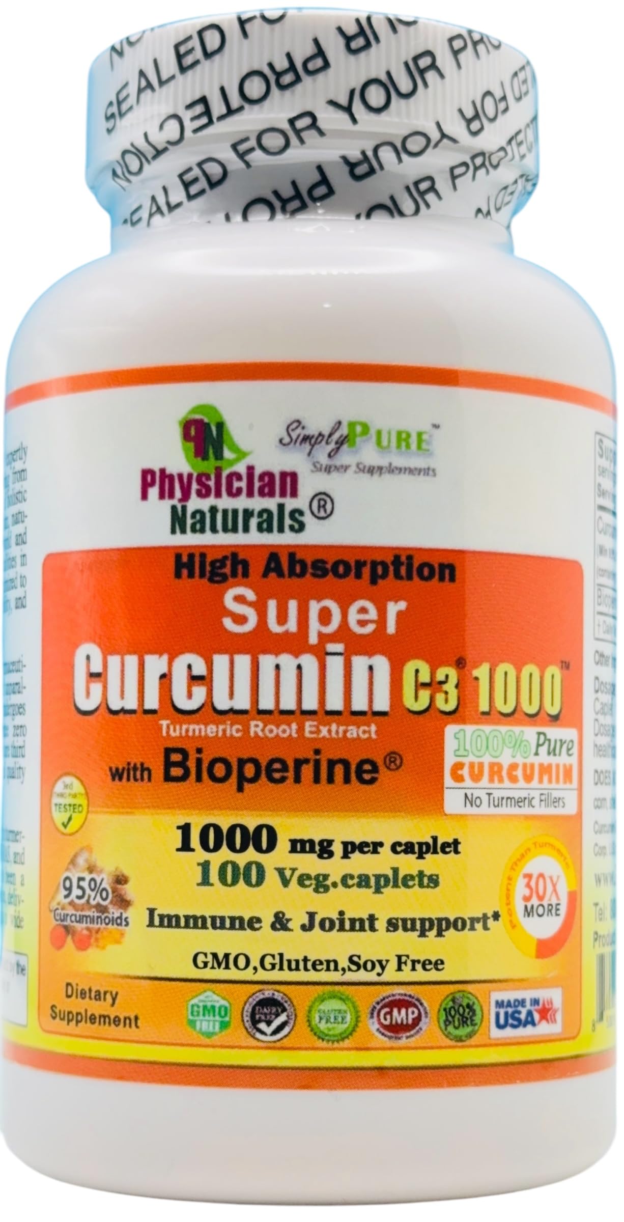 Physician Naturals Super Curcumin C3 1000 with Bioperine Capsule, 100 Veg Caplets
