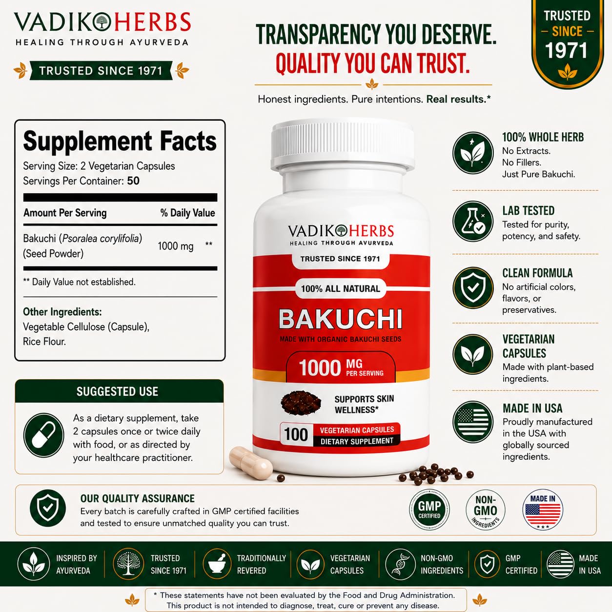 Vadik Herbs Bakuchi (Babchi, Psoralea corylifolia) Certified Organic Powder, 100 Count