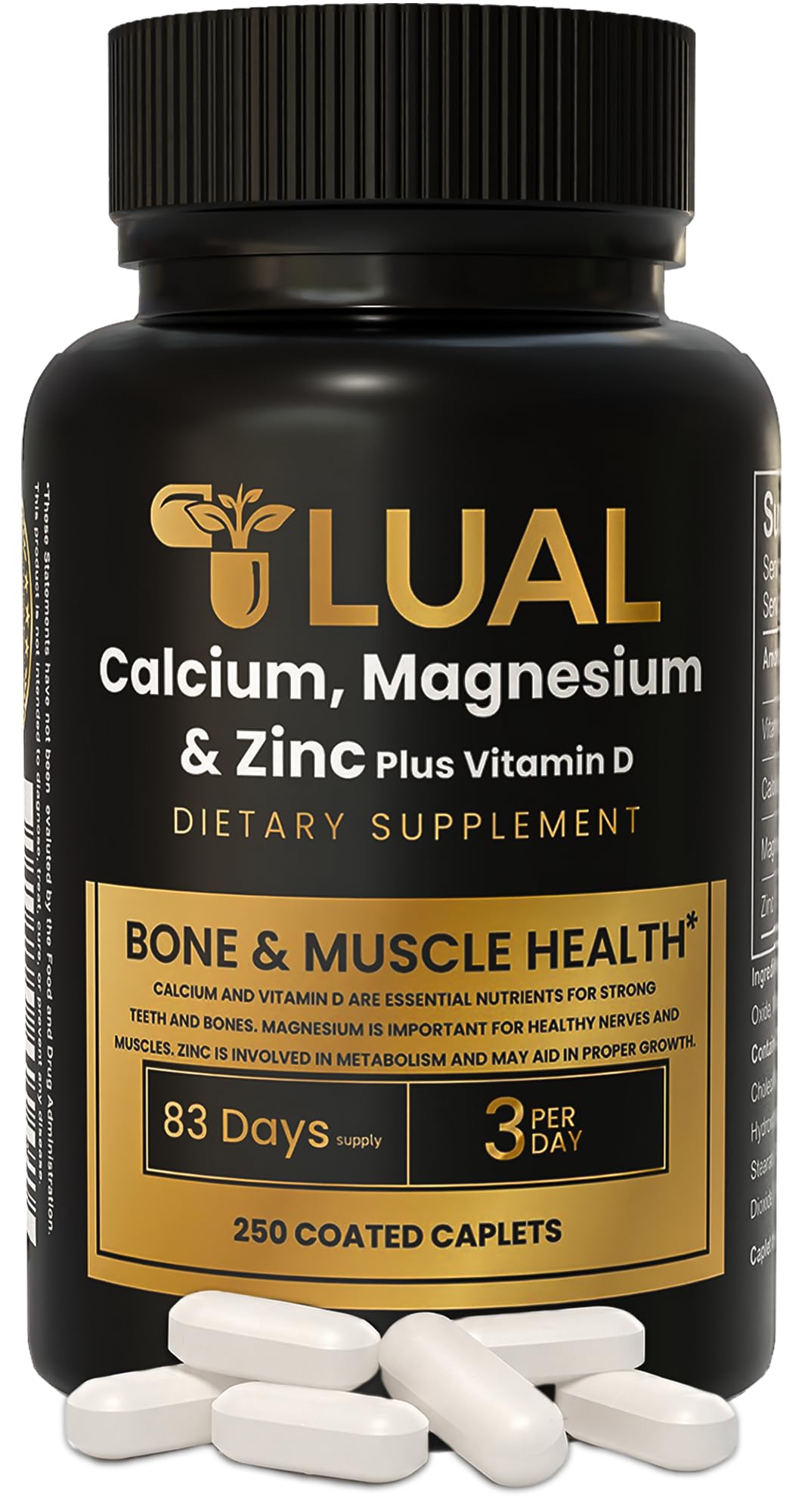 LUAL Calcium Magnesium Zinc with Vitamin D3 Caplets 250 Count