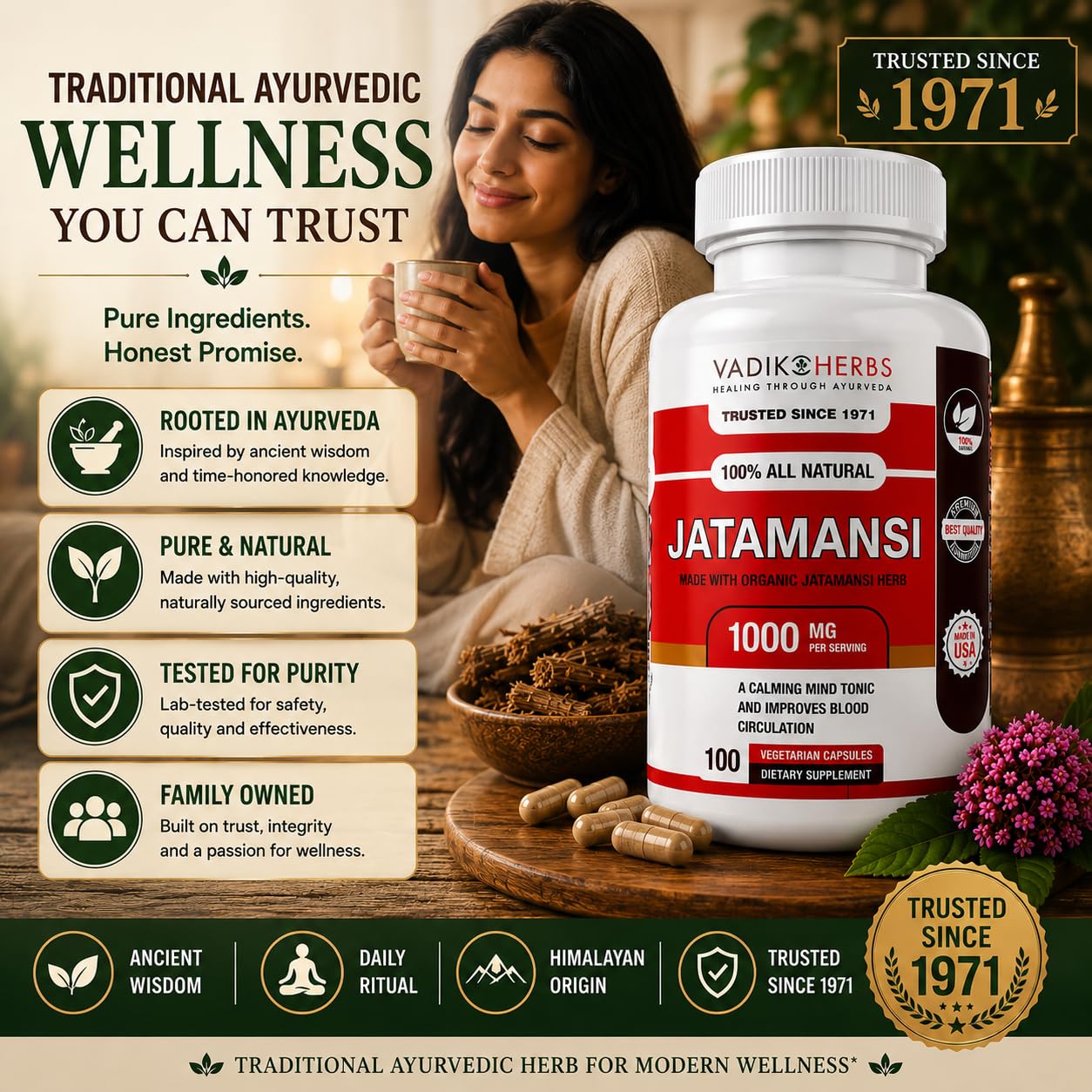 Vadik Herbs Jatamansi 1000mg Capsules, 100 Capsules