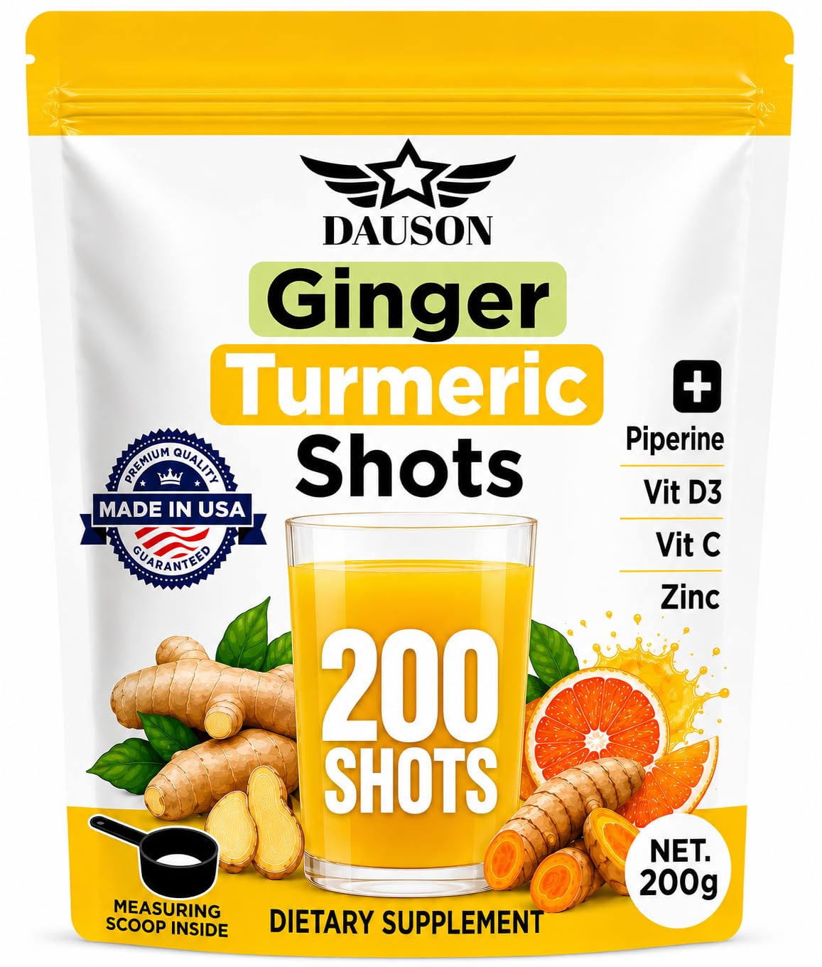 DAUSON Ginger Shots Daily Wellness Ginger Turmeric Blend with Piperine, Zinc & Vitamins Powder 7.05