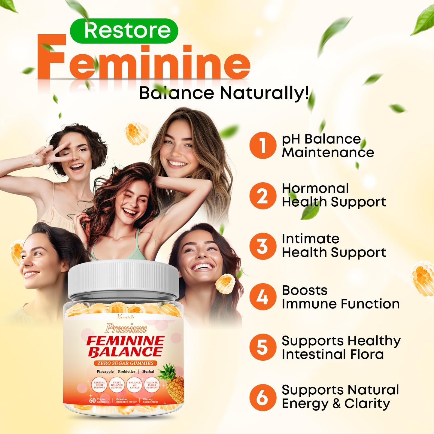 Vazatisi Feminine Balance Gummies for Women’s Pineapple PH Balance, Healthy Odor, Yeast Balance & Flora, Vegetarian Friendly, Sugar Free, 120 Gummies