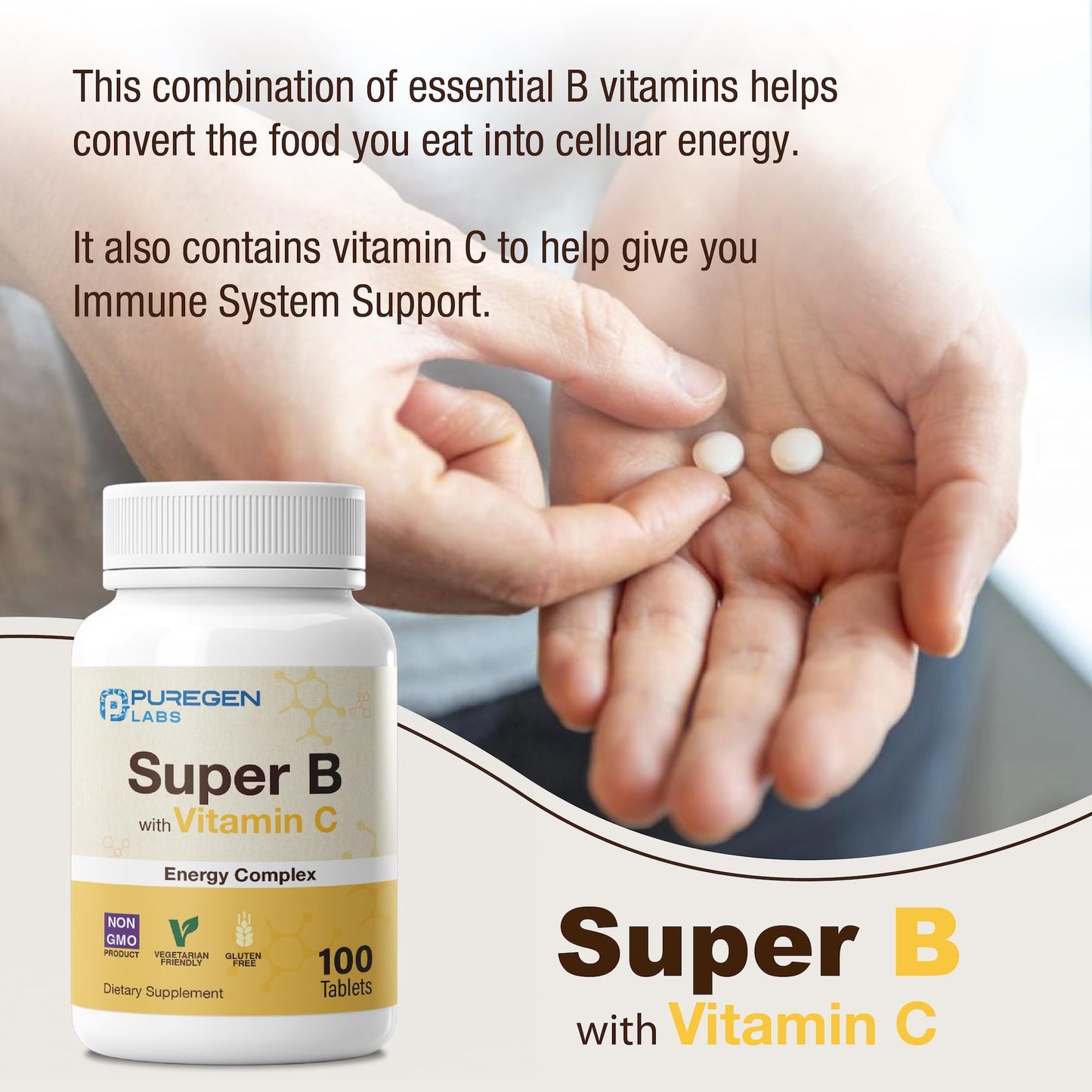 P Puregen Labs Super B Energy Complex with Vitamin C - Immune Health, Energy & Nervous System Support - Non-GMO, Gluten-Free 100 Vegetarian Tablets