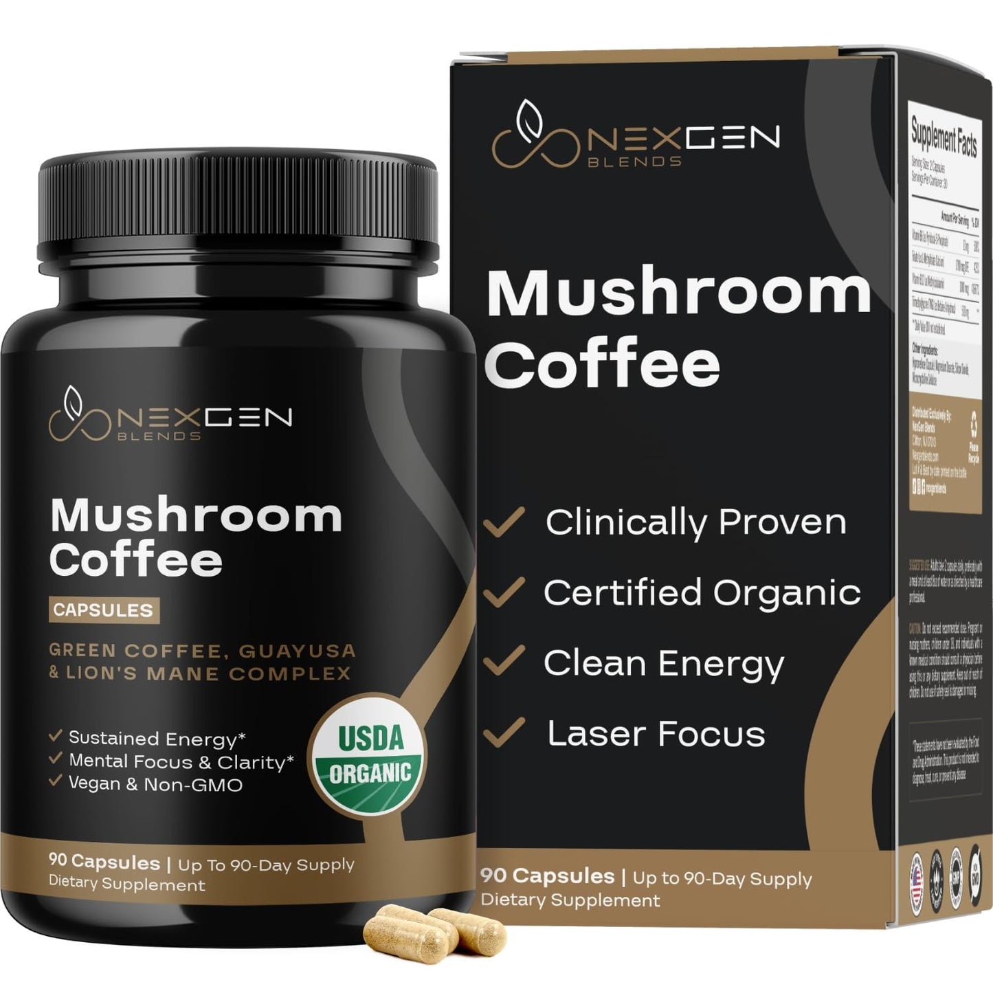 NEXGEN BLENDS 100% Organic Mushroom Coffee Capsules 90 Count
