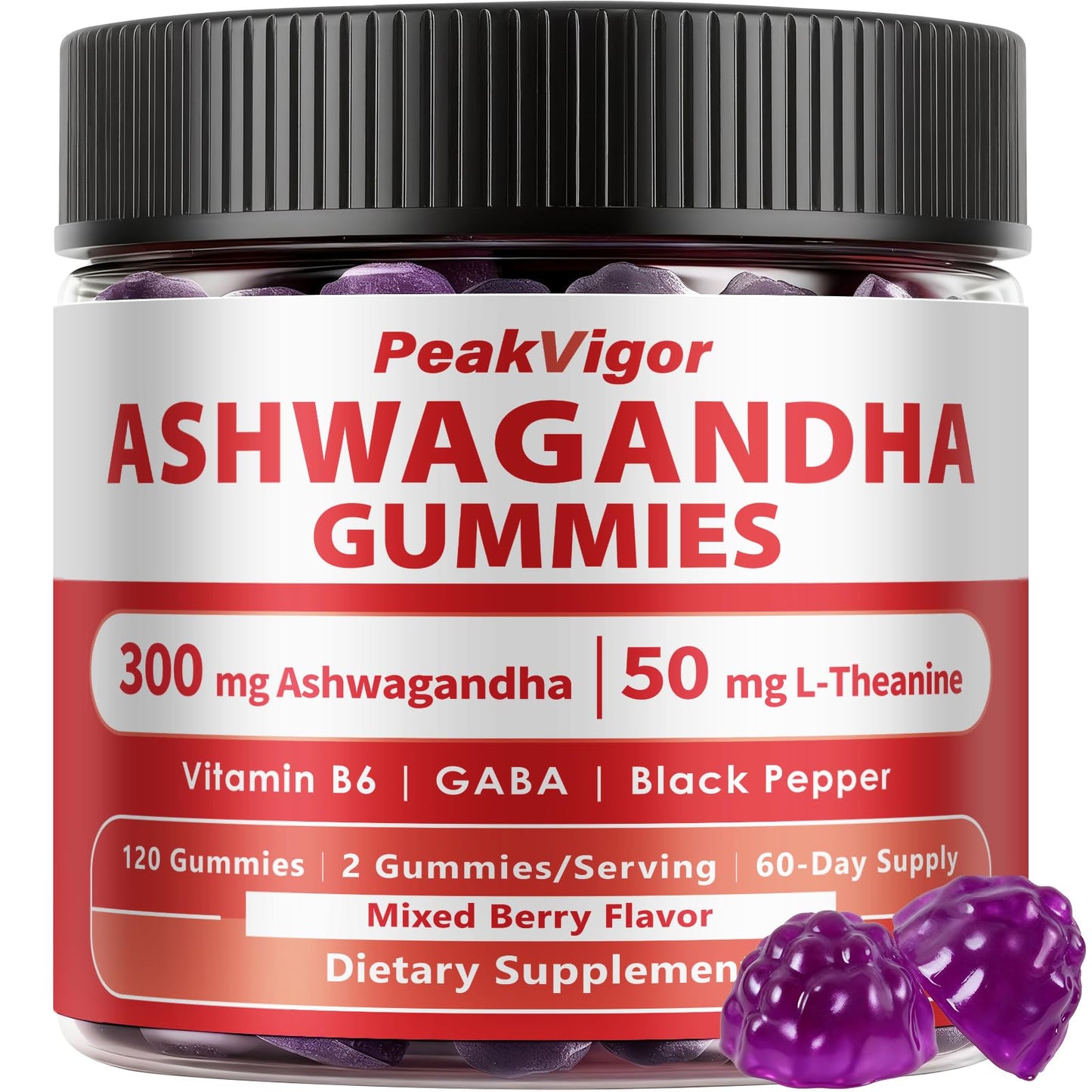 PeakVigor Fitness 3000mg Organic Ashwagandha Gummies, 5-IN-1 Ashwagandha Supplements with Vitamin B6, L-Theanine, GABA & Black Pepper, Ashwagandha for Women & Men - Calming & Relax, 120 Gummies