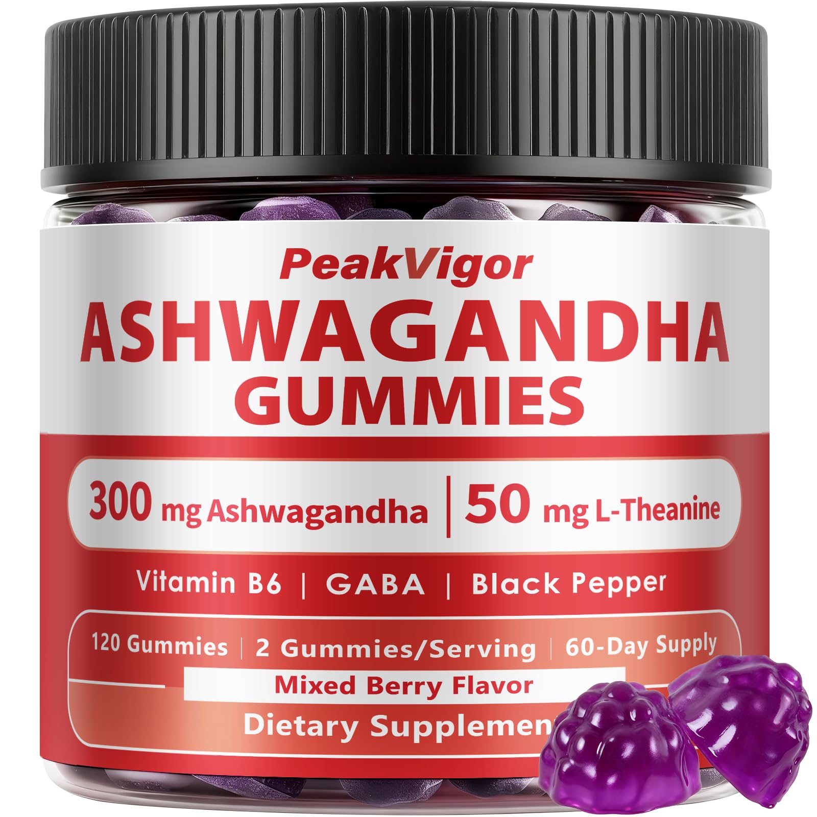 PeakVigor Fitness 3000mg Organic Ashwagandha Gummies, 5-IN-1 Ashwagandha Supplements with Vitamin B6, L-Theanine, GABA & Black Pepper, Ashwagandha for Women & Men - Calming & Relax, 120 Gummies