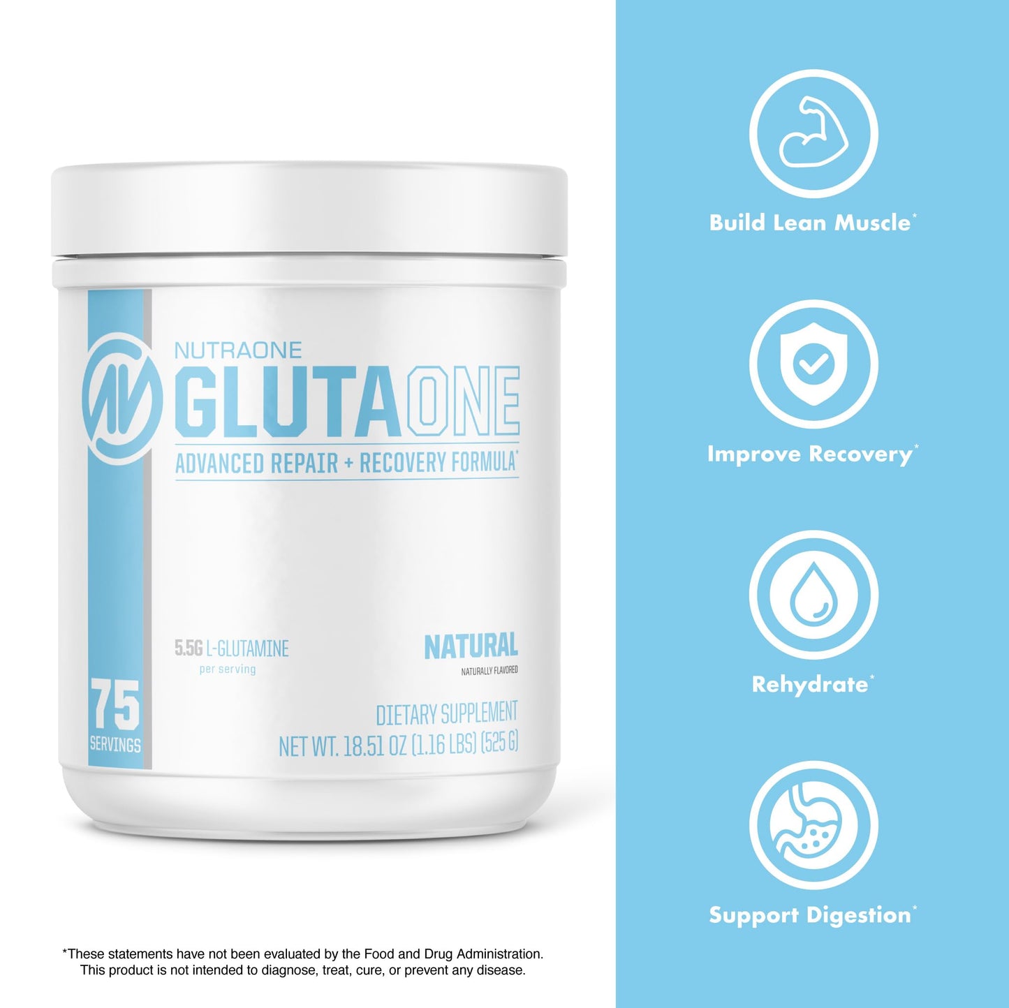 NutraOne GlutaOne L-Glutamine Powder, 75 Servings