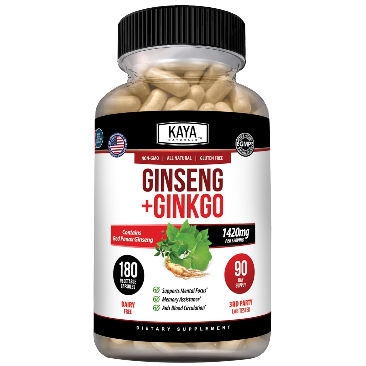 Kaya Naturals Ginkgo Biloba with Red Panax Ginseng Capsules, 180 Capsules