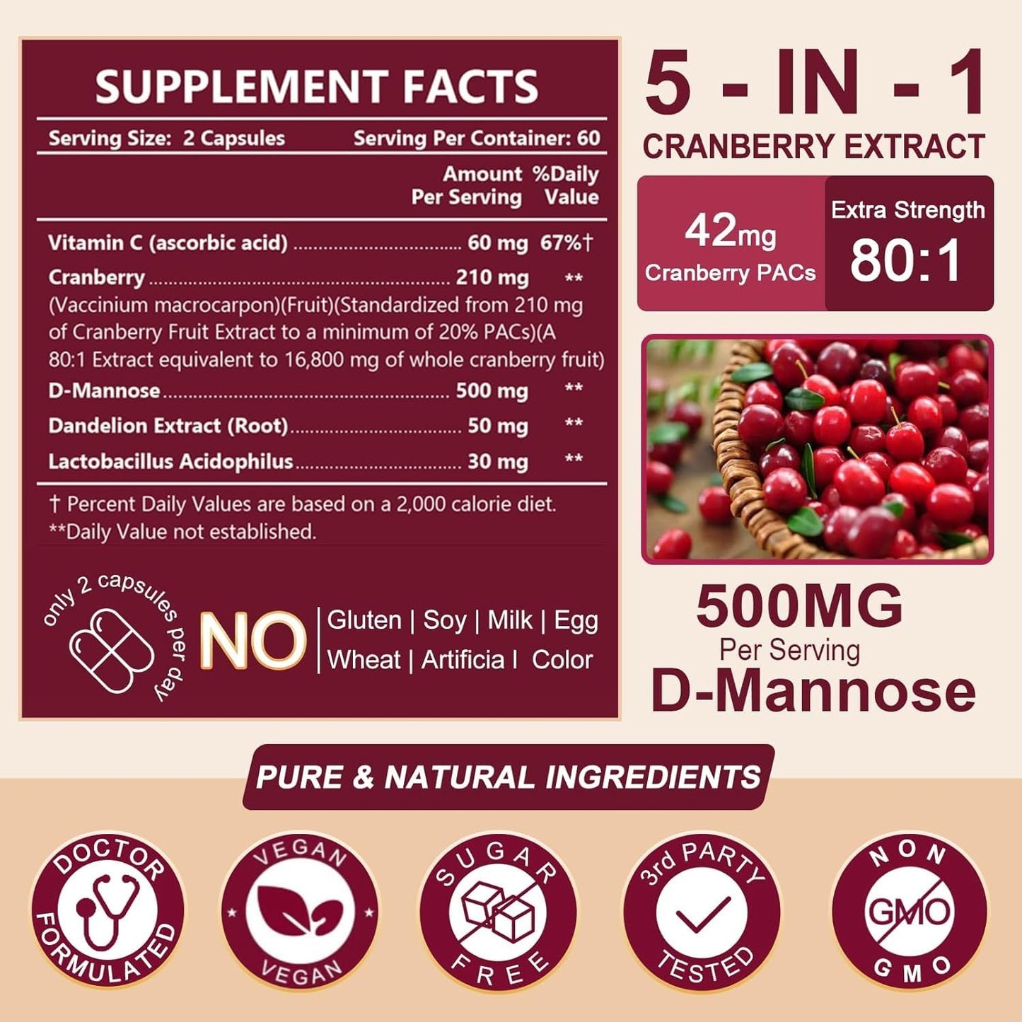 NATURE TARGET Cranberry Capsules for Women - Super Strength Cranberry Supplement with D-Mannose & Vitamin C - 80:1 Extract, Supports Urinary Tract Health, Bladder Control, 120 Capsules