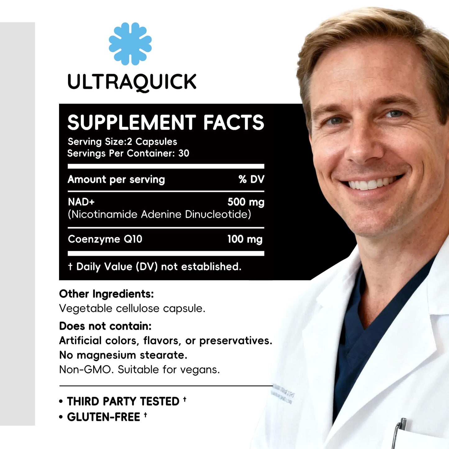 ULTRAQUICK NAD+ Supplement 500mg with CoQ10 100mg Capsules, 60 Count