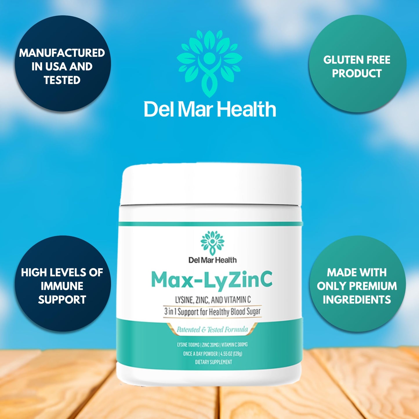Del Mar Health Max-LyZinC L-Lysine 1100 mg + Zinc 6 mg + Vitamin C 100 mg - 3-in-1 Supplement for Maintaining Blood Sugar Already in The Healthy Range - Powder, 4.55 oz