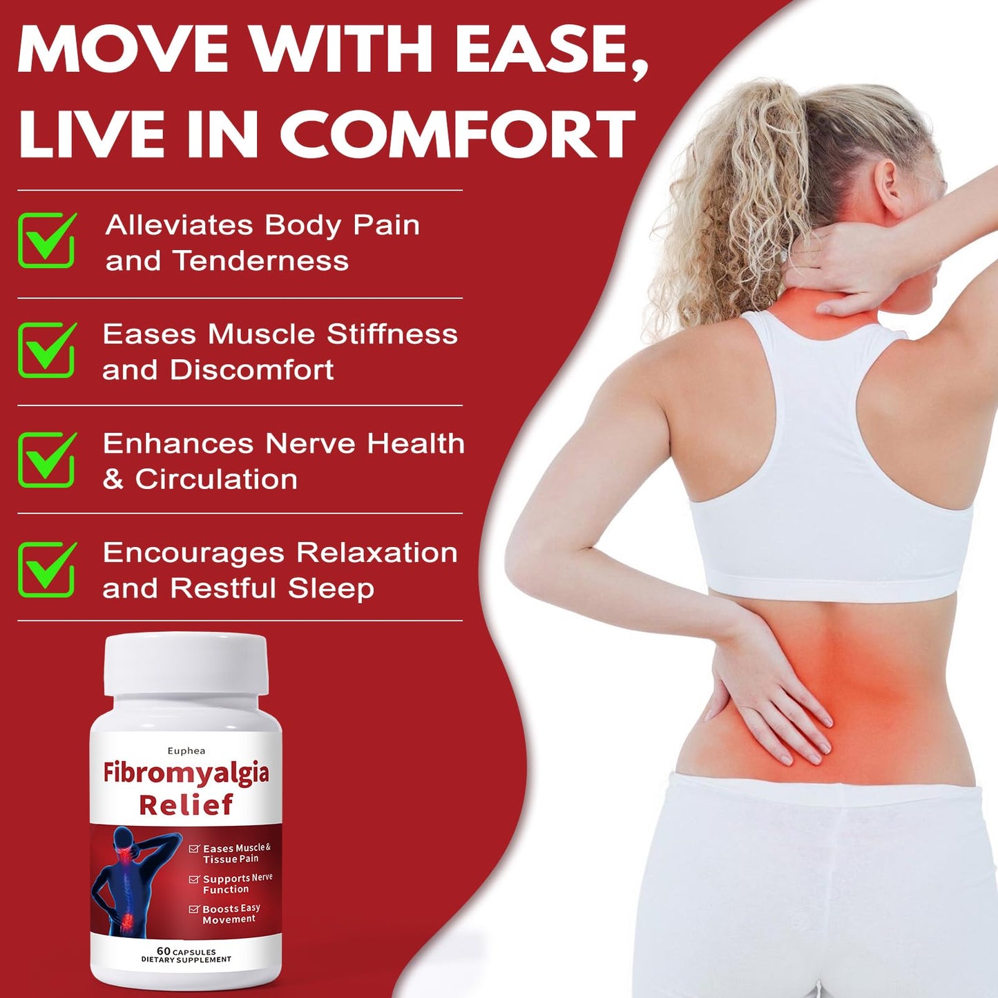 Euphea Fibromyalgia Relief Supplement with B Vitamins and Nitric Oxide Support, 60 Capsules