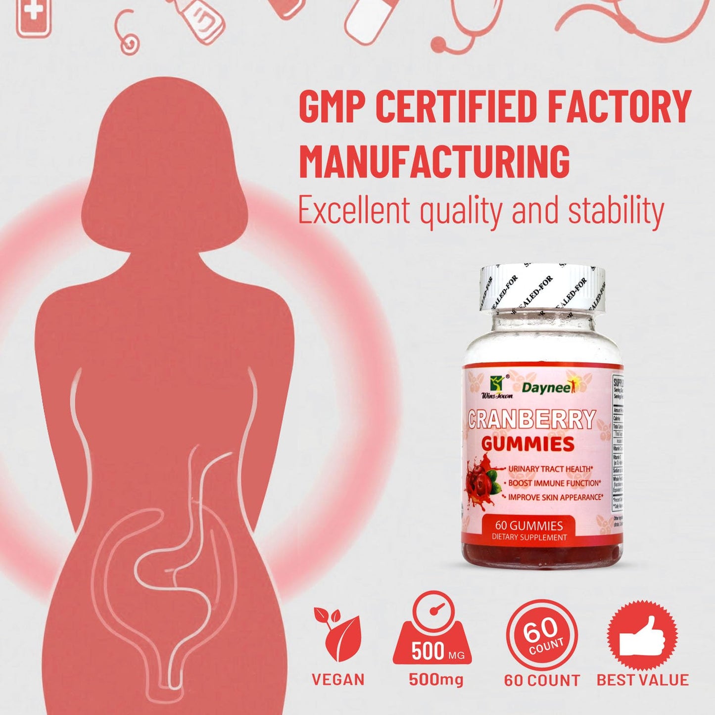 Wins Town Cranberry Gummies for Women 500mg, 60 Count