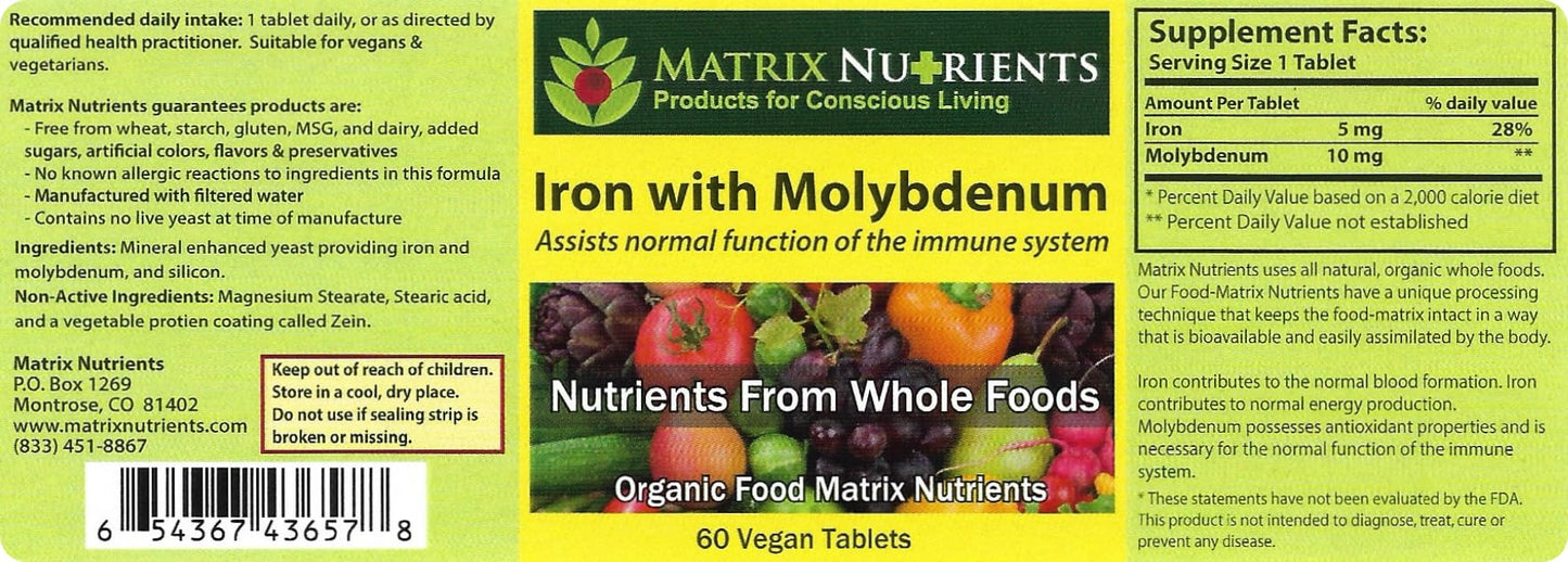 Matrix Nutrients Iron with Molybdenum Vegan Tablets 60 Count
